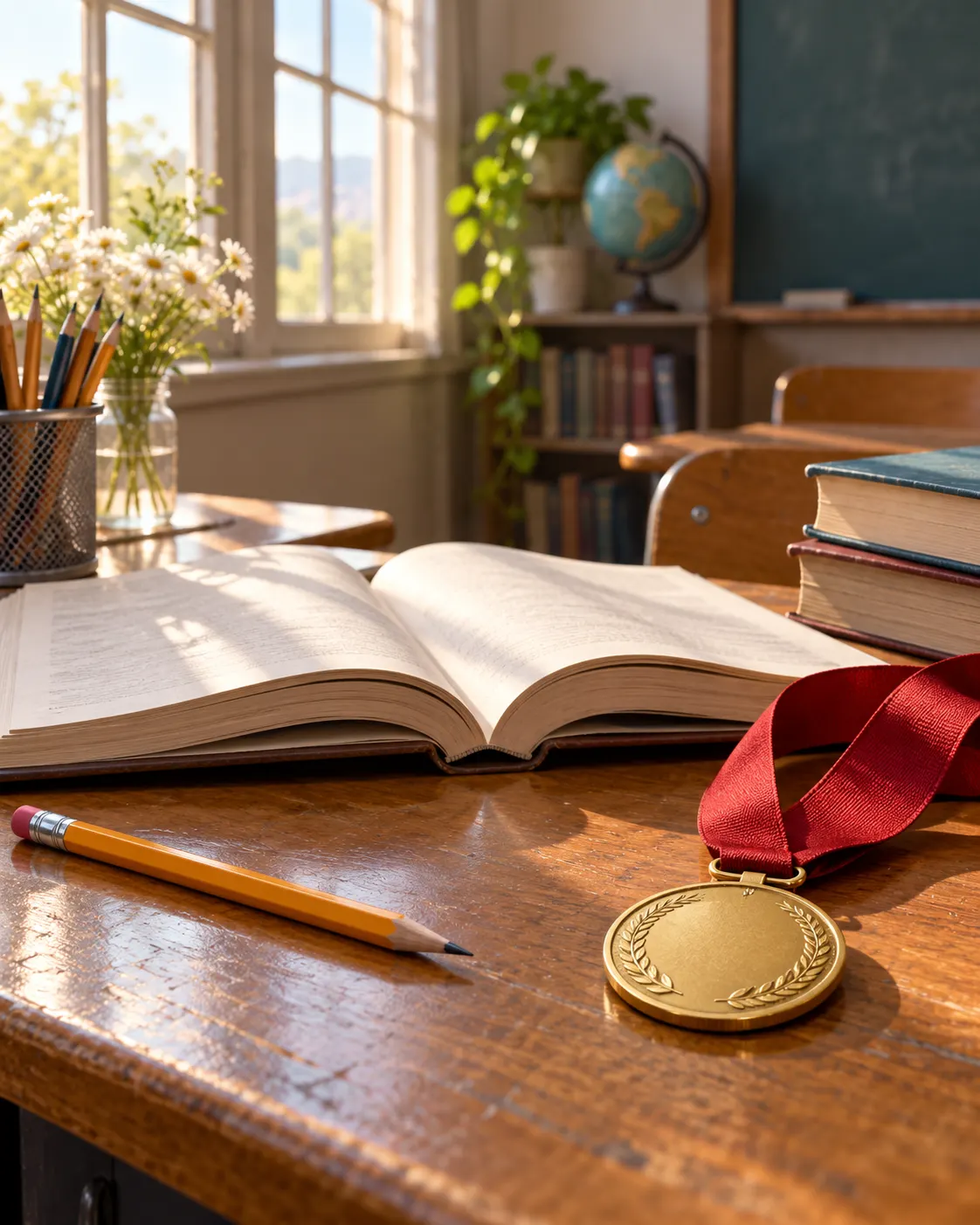 AI-generated symbolic illustration (created 2026-10-19) about girls’ education and recognition, with no person depicted. Exact prompt: “Photorealistic editorial still life about girls' education and recognition: an open schoolbook, a sharpened pencil, and a simple blank medal ribbon on a classroom desk beside a sunlit window, no people visible, vertical 4:5. Generic symbolic scene, no readable text or logos, not depicting any specific laureate.”