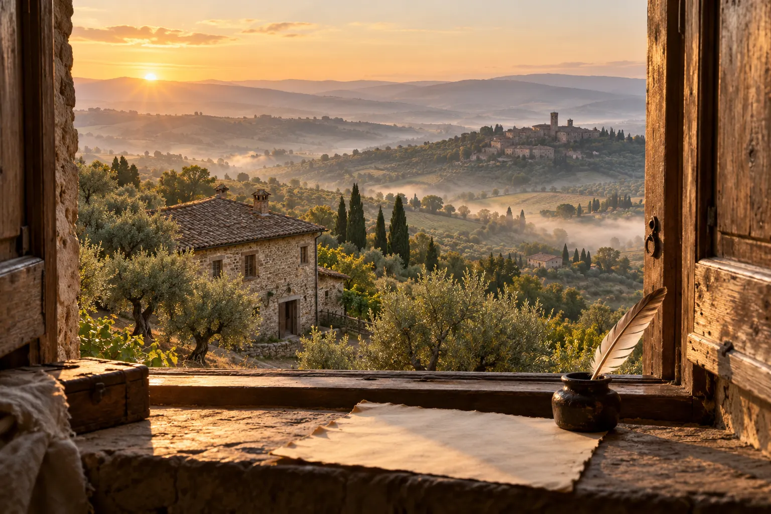 Титульна AI-згенерована ілюстрація / AI-generated cover illustration. Imagined Tuscan countryside around Vinci with farmhouse, blank register and quill; not documentary evidence of a particular birthplace room.