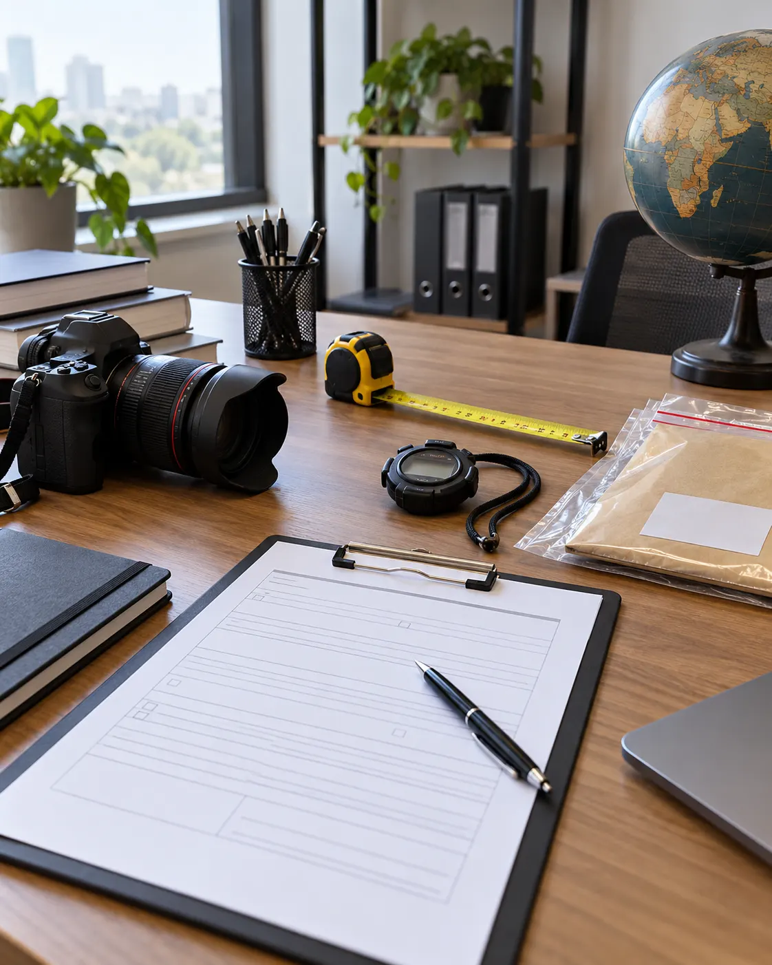 AI-generated cover: blank application form, camera, measuring tape, stopwatch and evidence folder on an office desk; no actual organization or attempt is depicted. Prompt: “Photorealistic vertical 4:5 editorial cover about applying for and verifying a world record. A tidy desk with a blank application form, camera, measuring tape, stopwatch and sealed evidence folder, suggesting a careful process. Neutral modern office, no visible organization branding or readable text, no claim to show Guinness staff or a real attempt.” Generated 20 October 2026.