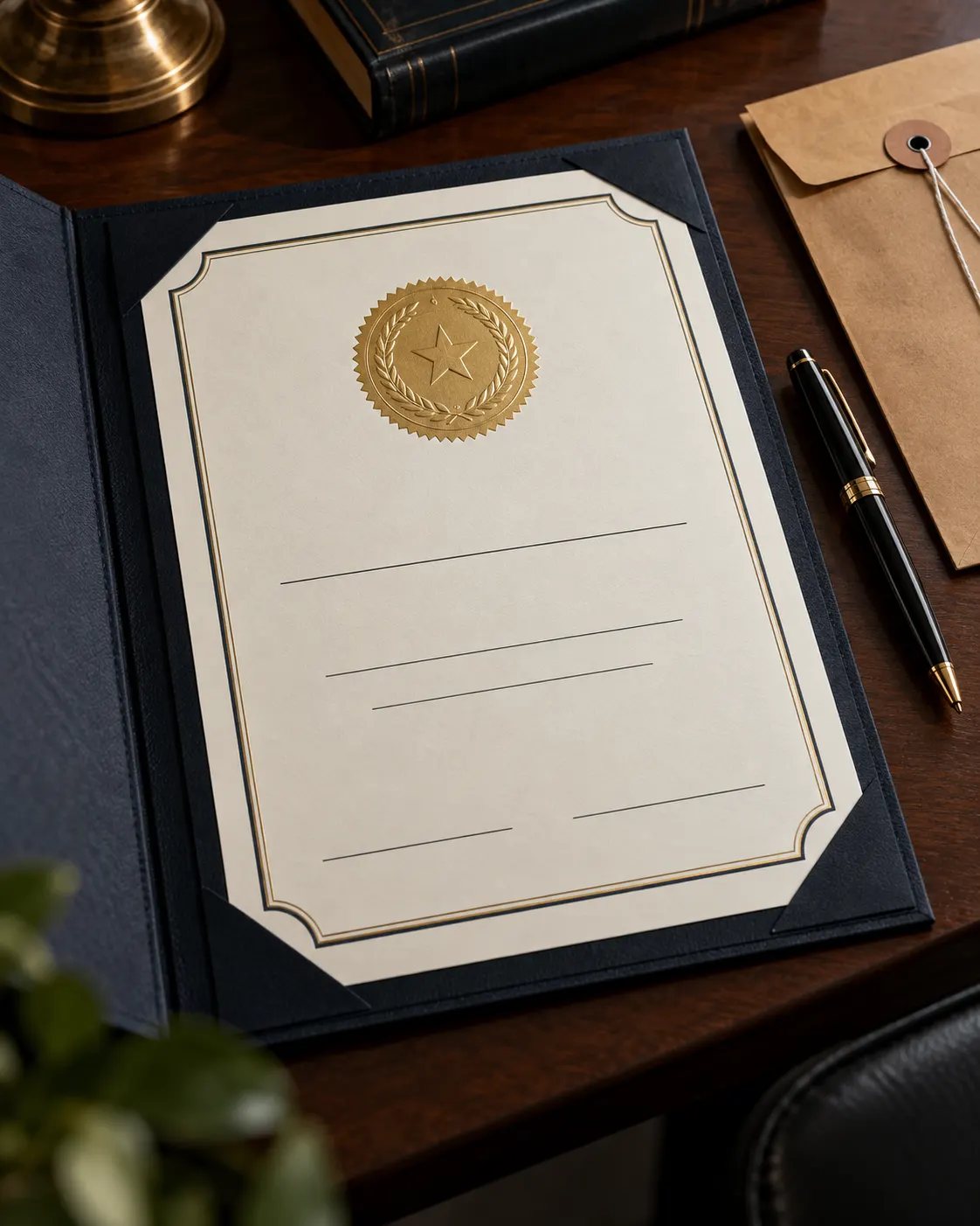AI-generated unbranded certificate symbolizing a verified achievement; not an official Guinness certificate. Prompt: “Photorealistic vertical 4:5 editorial still life of a plain, unbranded certificate document in a dark presentation folder, with a simple embossed seal and blank lines, resting beside a pen and evidence envelope. The certificate has no readable text, no organization name and no logo; generic symbol of verified achievement, not an official Guinness certificate.” Generated 20 October 2026.