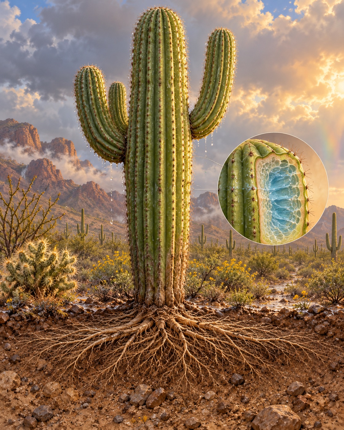 AI-generated conceptual natural-history illustration of a saguaro after rain, with visible ribs and a subtle cutaway suggesting stored water. It is not a photograph, anatomical scan, exact specimen, or measured diagram. Prompt: “Conceptual natural-history illustration, not documentary: a saguaro cactus in the Sonoran Desert after rain, clearly visible vertical accordion-like pleats gently expanded, droplets on the skin, shallow roots suggested beneath the soil. Optional subtle schematic cutaway showing water in the fleshy stem, but no labels, measurements, text, or actual specimen. No people or location markers. Museum botanical illustration, vertical 4:5 crop, warm desert colors with fresh rain.” Generated 2026-10-29; no external source or documentary role.
