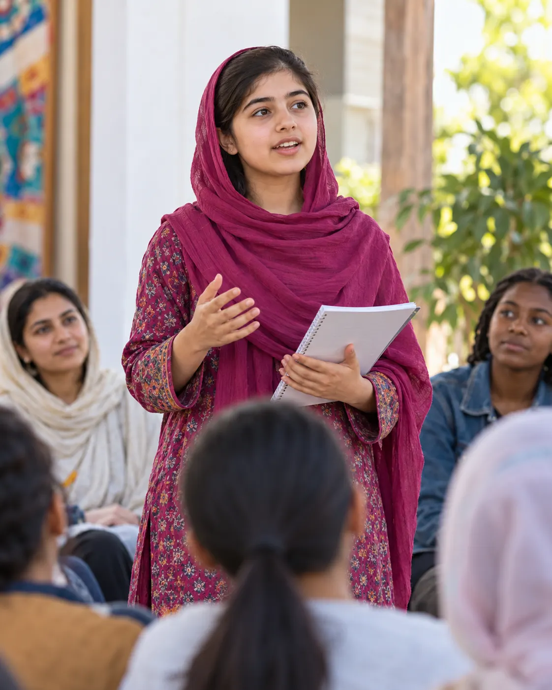 AI-generated fictional scene of a teenage student speaking at a community education event; not Malala Yousafzai or a documented event. Generated 19 October 2026. Prompt: “Photorealistic editorial reconstruction, vertical 4:5: a teenage student standing at a community education event with a notebook, speaking confidently to a small attentive audience, natural daylight, respectful and empowering, contemporary setting. Fictional person, not Malala Yousafzai and not a documented event. No logos, no readable text, no medals.”