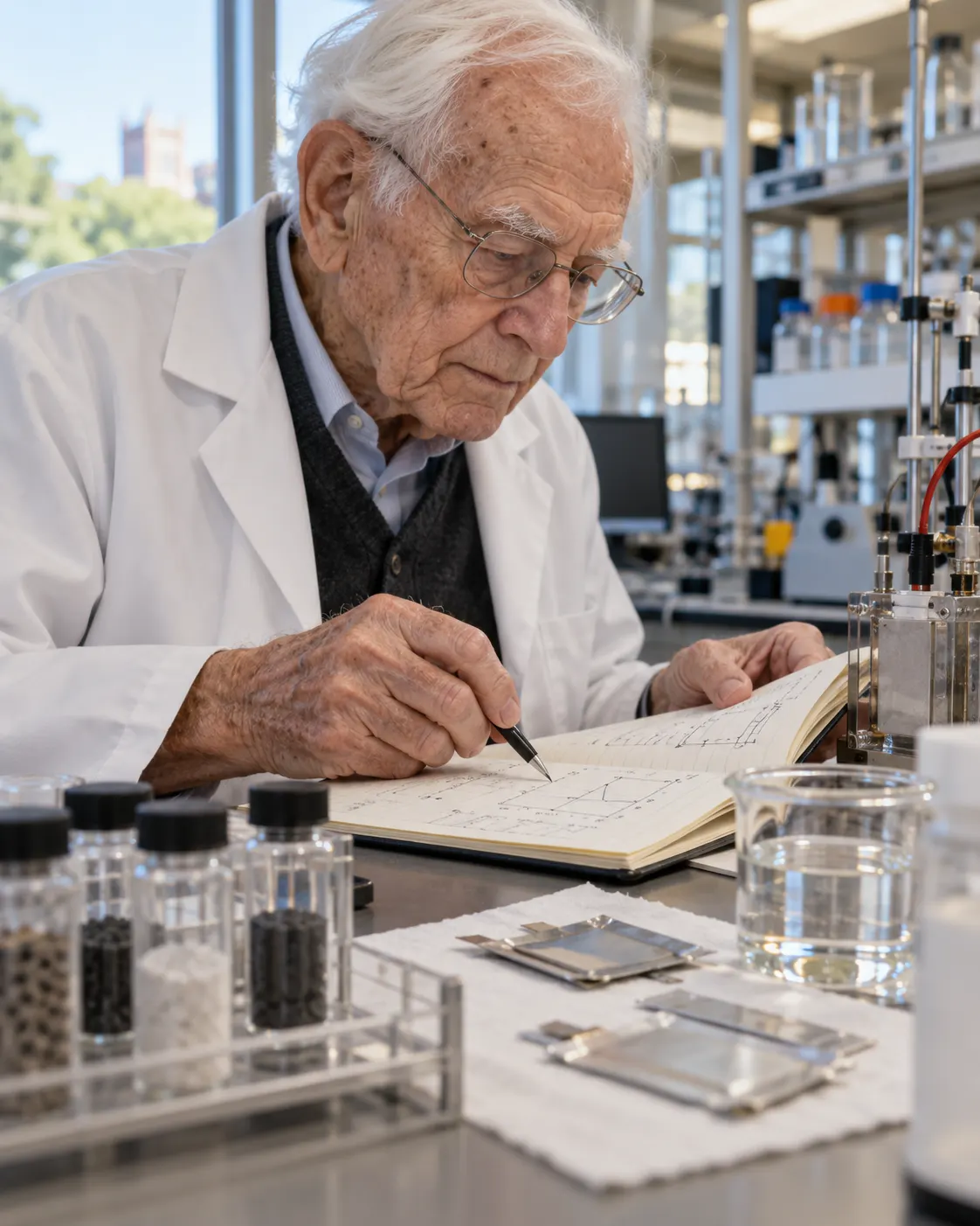 AI-generated fictional reconstruction of an elderly chemist reviewing research notes in a university lab; not John B. Goodenough or a documented event. Generated 19 October 2026. Prompt: “Photorealistic editorial reconstruction, vertical 4:5: an elderly chemist in his late 90s carefully reviewing battery research notes in a university laboratory, close-up of hands and glassware, calm daylight, dignified scene. Fictional person, not John B. Goodenough and not a documented event. No readable text, no logos, no medals.”