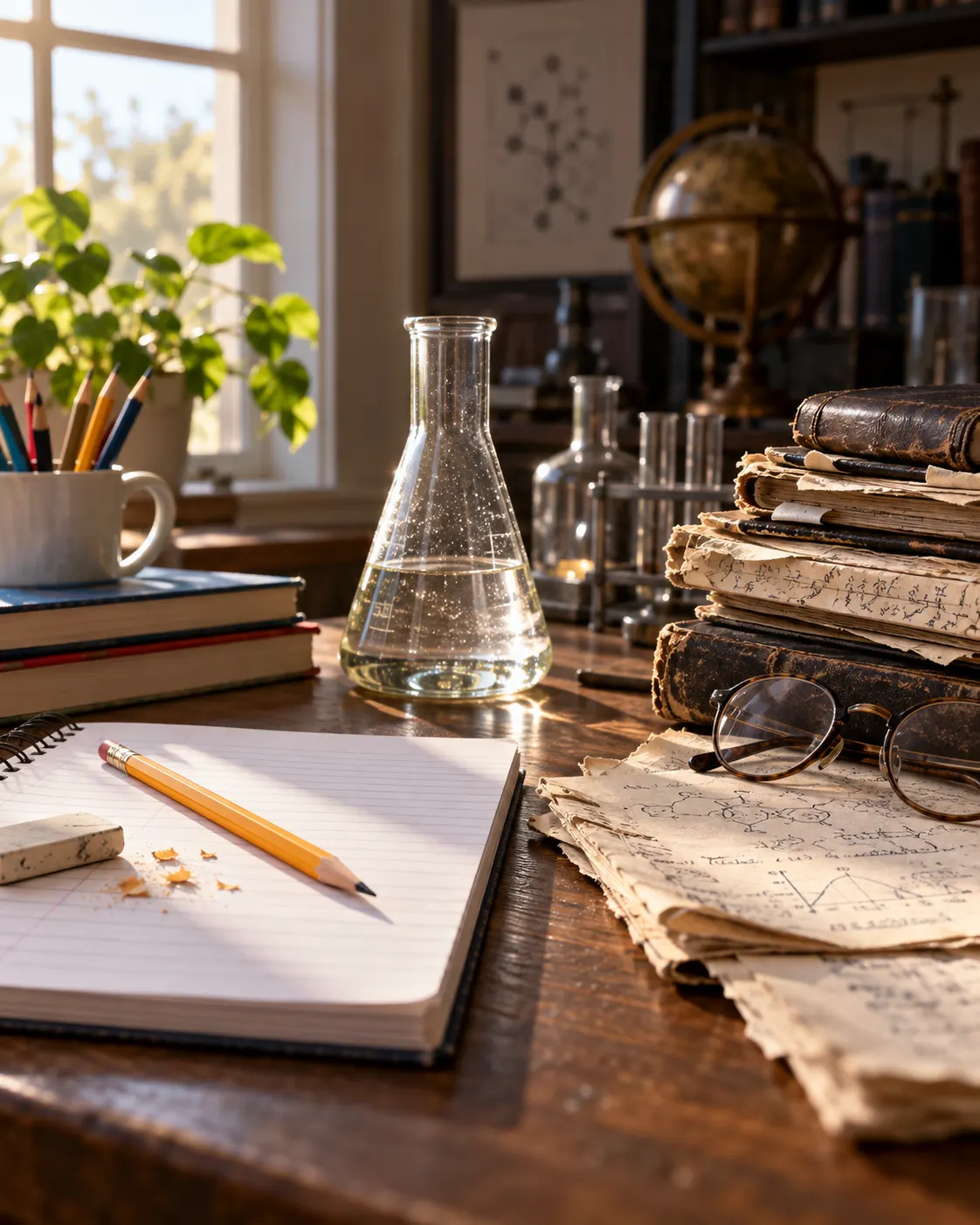 AI-generated cover: school notebook and pencil beside chemistry glassware and research notes, suggesting the contrast between youth and a long scientific career. Generated 19 October 2026. Prompt: “Photorealistic vertical 4:5 editorial cover about the youngest and oldest Nobel Prize laureates at the time of their awards. A balanced still life with a school notebook and pencil beside a chemistry lab flask and well-used research notes, morning light and thoughtful atmosphere, subtly contrasting youth and a long scientific career. No real people, no readable text, no logos, no recognizable award medal.”