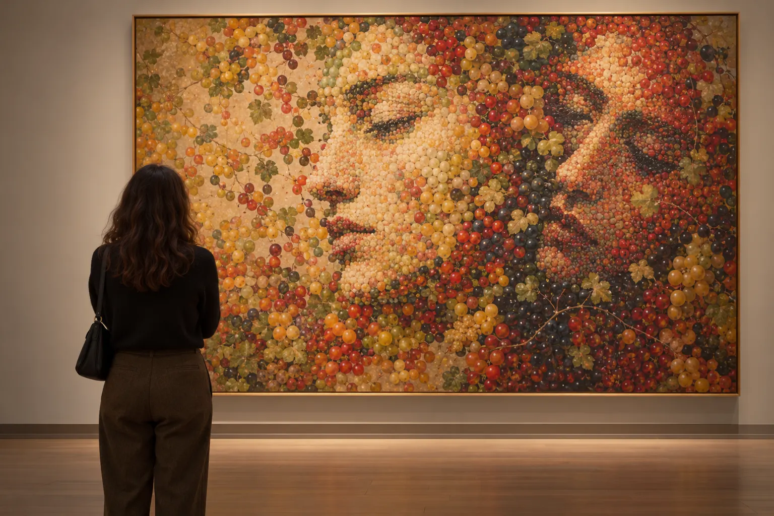 AI-generated generic gallery scene showing a viewer looking at an invented fruit-pattern portrait.