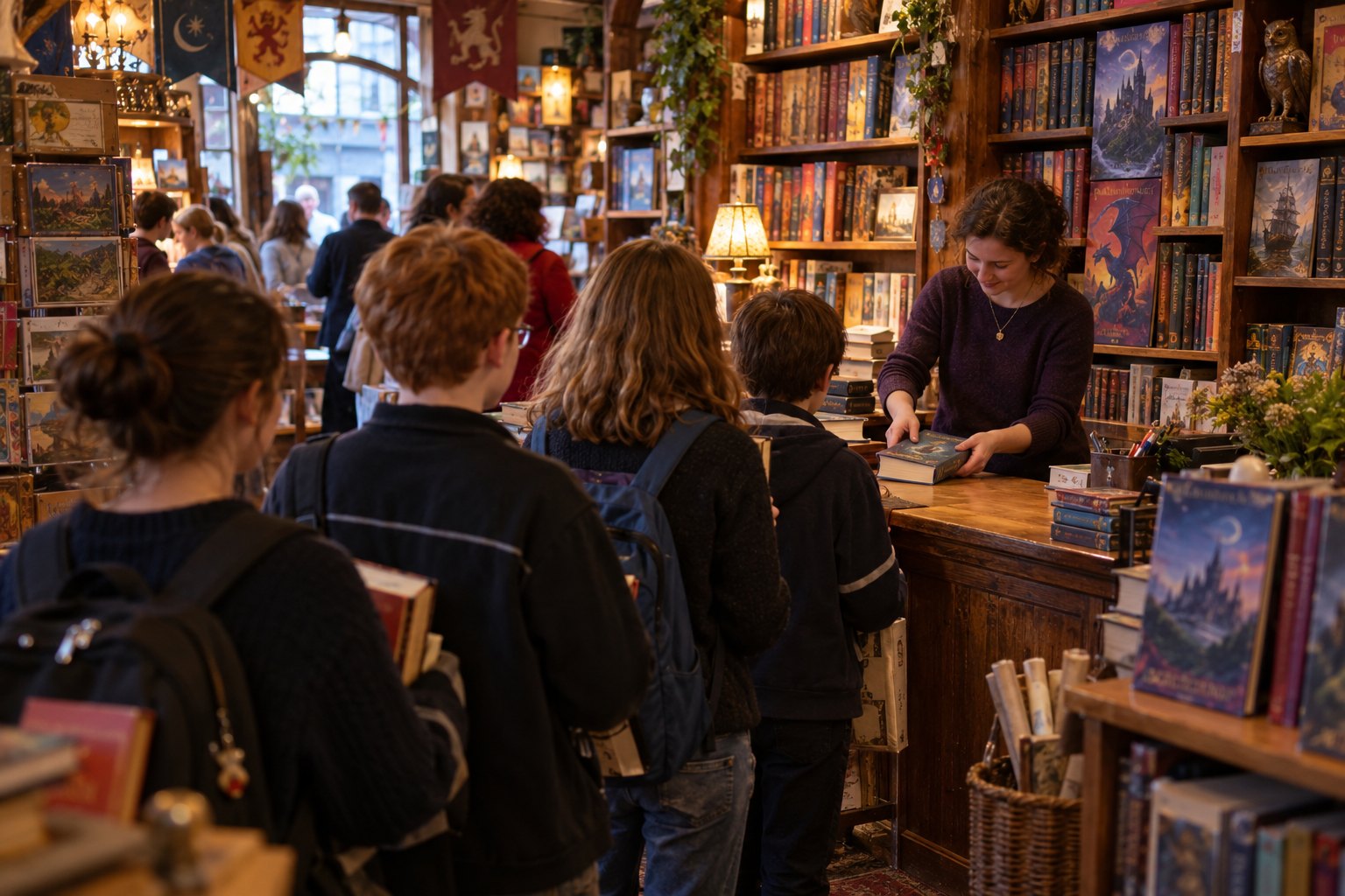 busy generic bookshop shelves and readers, no branded material.