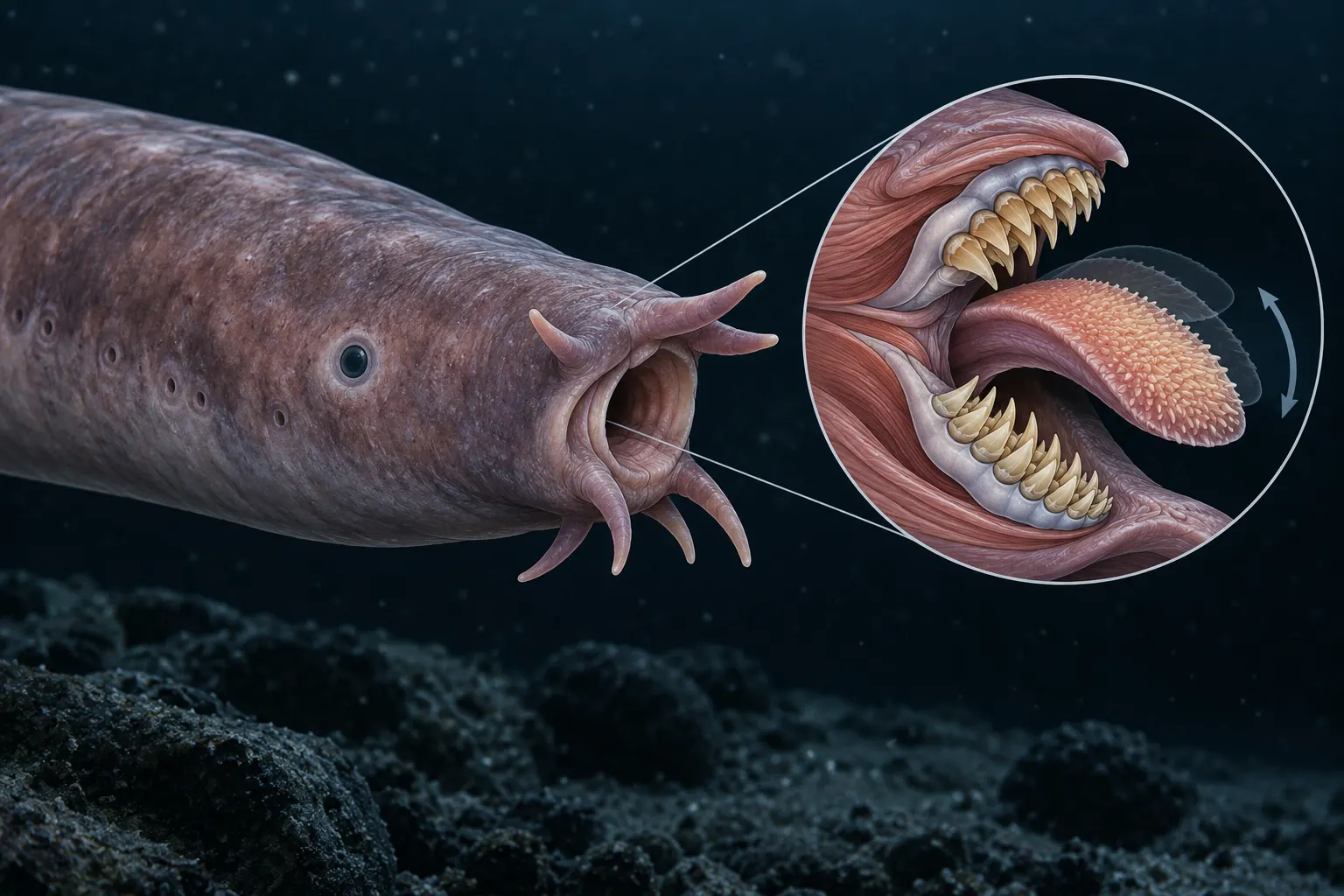 AI-generated scientific editorial illustration of the hagfish feeding apparatus. It is schematic and not documentary evidence or a precise anatomical plate. Generated for this package on 2026-10-13; no external creator or reuse license applies. The post discloses AI generation.
