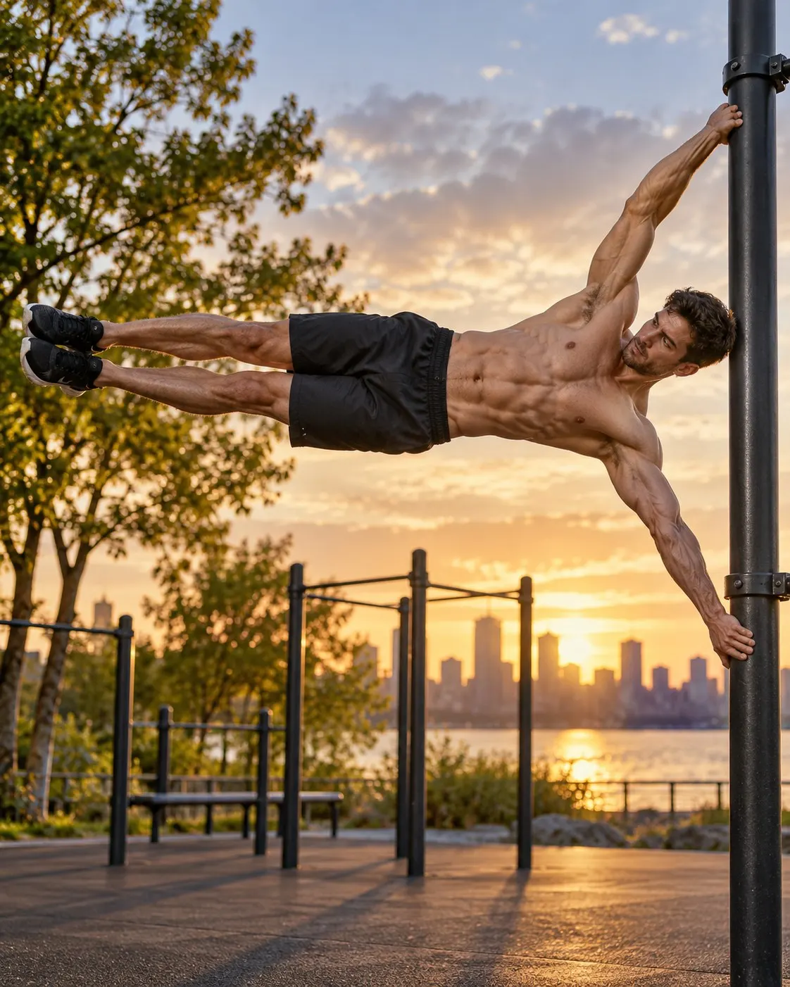 AI-generated cover of a fictional adult calisthenics athlete holding a human flag outdoors; not Wang Zhonghua or his record attempt. Prompt: “Photorealistic vertical 4:5 editorial cover of a fictional adult male calisthenics athlete holding a human flag on a sturdy outdoor exercise pole, body extended nearly horizontal, both hands gripping the vertical pole, safe park workout setting, dramatic natural light. Not Wang Zhonghua or his record attempt; no duration implied. No text, logos or numbers.” Generated 20 October 2026.