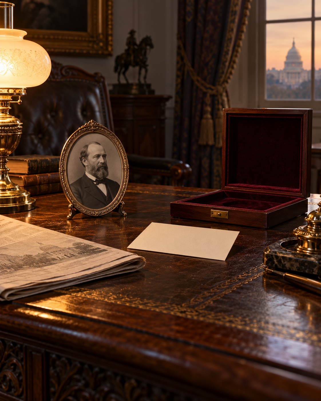 AI-generated historical still life with a Garfield portrait and empty display case; no real artifact is shown.