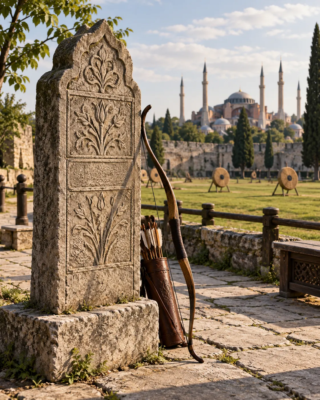 AI-generated with OpenAI image generation. Prompt: “Distinct photorealistic historical scene at a quiet Ottoman archery ground in Istanbul: a carved record stone stands on a stone path with a traditional archer's bow resting nearby, no people, no shooting, no readable inscription, no flags or logos. Soft afternoon documentary lighting, historical reconstruction, portrait 4:5.”