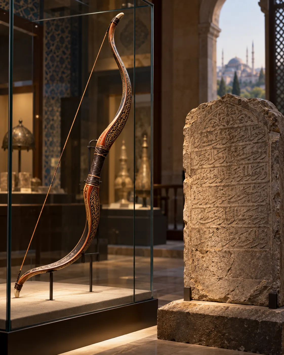 AI-generated with OpenAI image generation. Prompt: “Photorealistic editorial cover for an accessible history article about Ottoman distance archery. An Ottoman-style traditional composite bow displayed in a museum case beside an old stone inscription tablet with weathered but unreadable calligraphy, no archers, no arrows in flight, no logos, no readable text. Scholarly artifact lighting, portrait 4:5.”