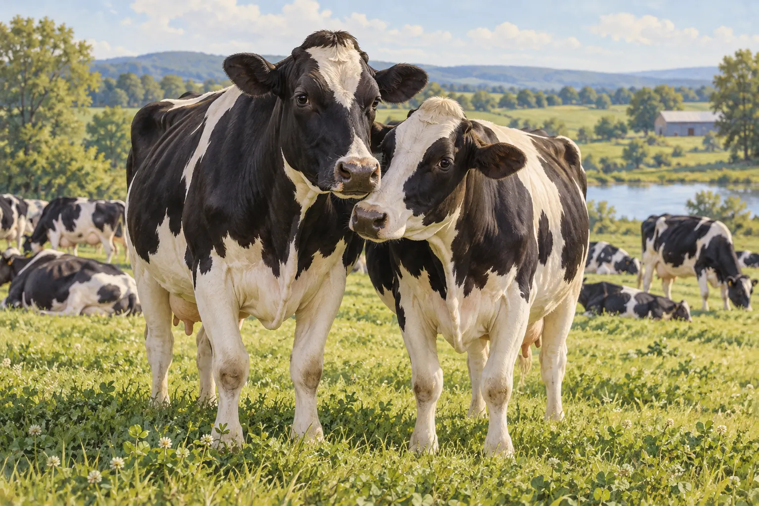 original AI-generated illustration of two calm cows near a herd. Created 2026-10-13 with the image-generation tool from the prompt: “Create a warm, scientifically plausible farm-animal illustration of two dairy cows standing calmly together in a pasture near the rest of their herd, showing relaxed social proximity without human-like expressions or anthropomorphic behavior. Naturalistic anatomy and setting, gentle daylight, refined editorial illustration for an animal-welfare publication, clearly not a photograph, no text, labels, or watermark, horizontal 3:2 composition.” Synthetic illustration; not documentary evidence of particular cattle or a study. No third-party license or attribution applies.