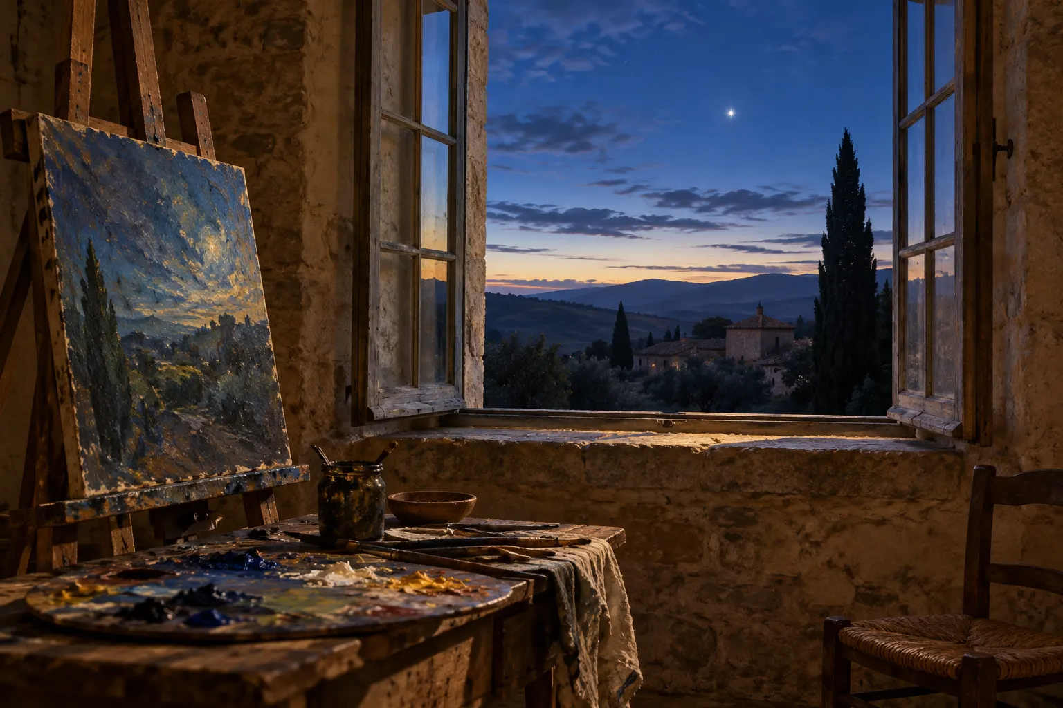 Титульна AI-згенерована ілюстрація / AI-generated cover illustration. Symbolic artist work space in southern France around 1889 with pre-dawn sky and cypress; not a documented exact asylum view or a reproduction of The Starry Night.