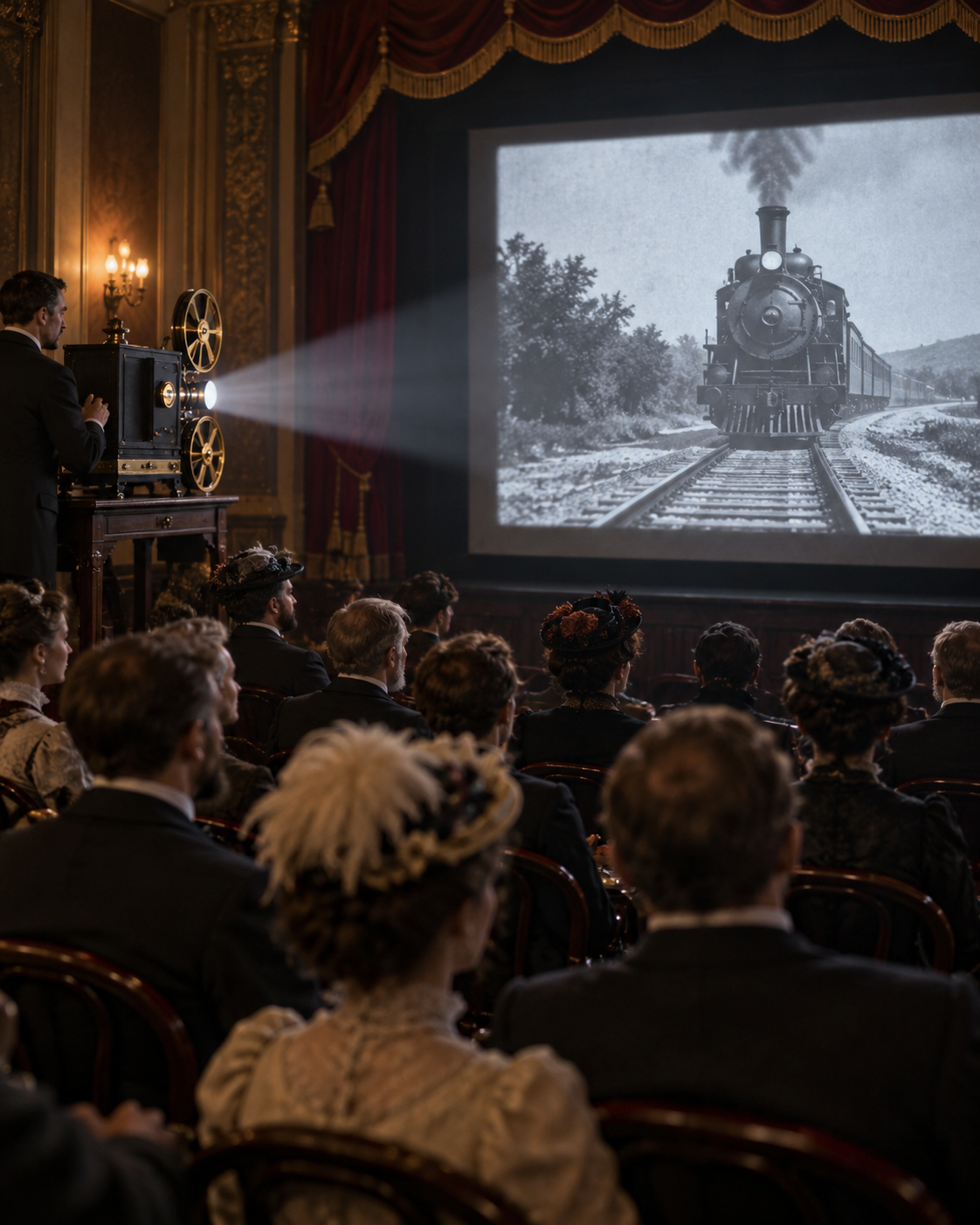 AI-generated symbolic historical reconstruction for a film-history fact; not documentary evidence or a real film frame.