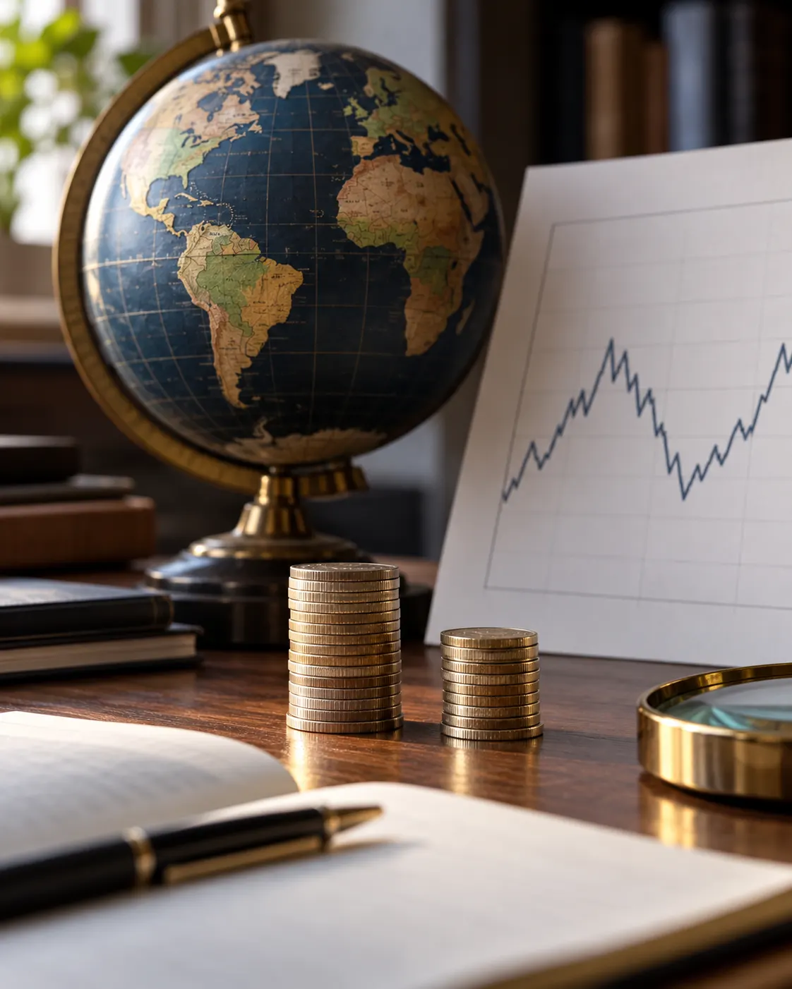 AI-generated conceptual still life of unmarked coins, a globe and a blank fluctuating chart, illustrating exchange-rate movement; it is not a current quote or currency conversion. Prompt: “Photorealistic vertical 4:5 editorial still life about exchange rates changing the value of a prize in another currency. Show a world map globe, a blank financial chart with a wavering line, and two small stacks of unmarked coins of different sizes on a research desk. No currency symbols, country labels, readable numbers or text, no banknotes, no logos. Generic conceptual image, not a current exchange-rate quote.” Generated 20 October 2026.