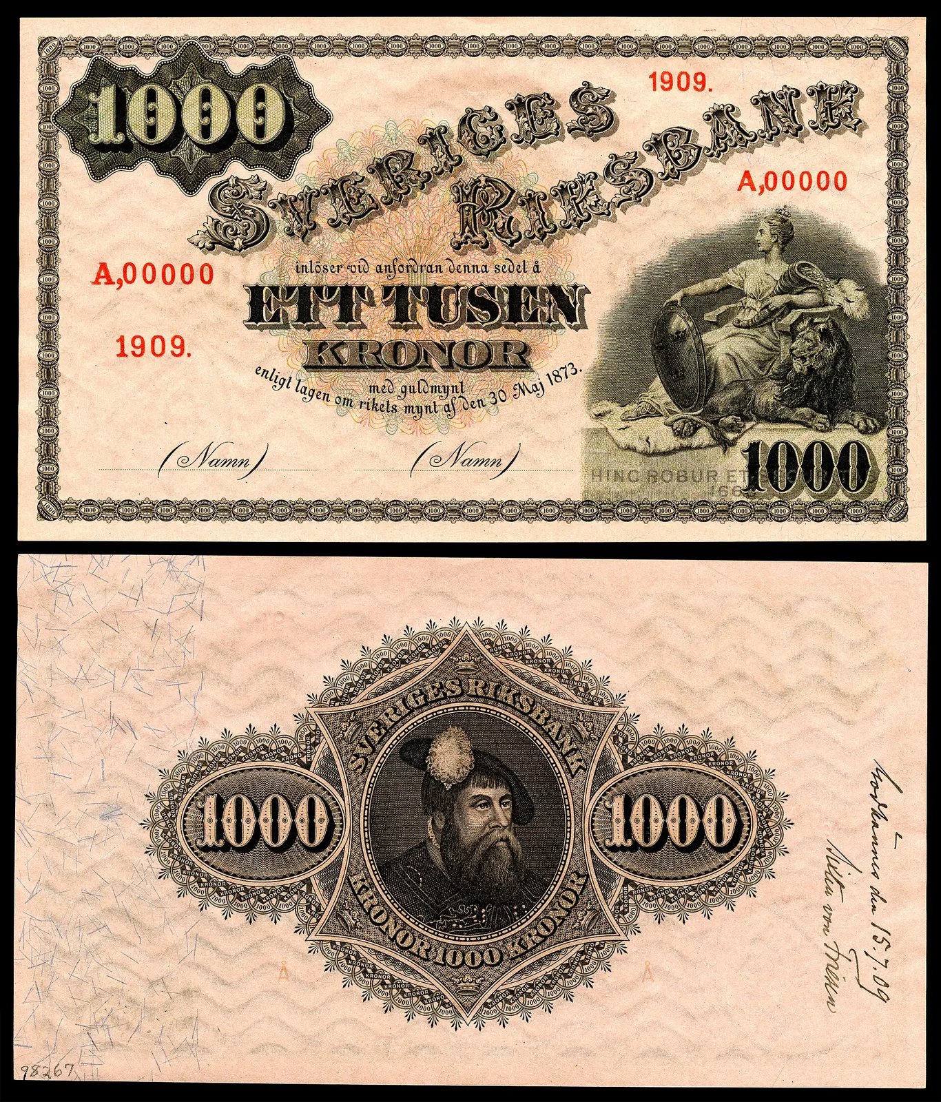 1909 specimen of a 1,000-kronor Swedish banknote, front and back; historical currency context, not the denomination used to pay current laureates. Jacob Bagges and Son for Sveriges Riksbank (partly anonymous, partly Max Mirowsky), Wikimedia Commons, https://commons.wikimedia.org/wiki/File:SWE-31-Sveriges_Riksbank-1000_Kronor_(1909,_specimen).jpg; public domain as marked on the file page. The local file is Wikimedia Commons’ 1,920-pixel rendition (downscaled, not cropped); attribution/provenance retained.