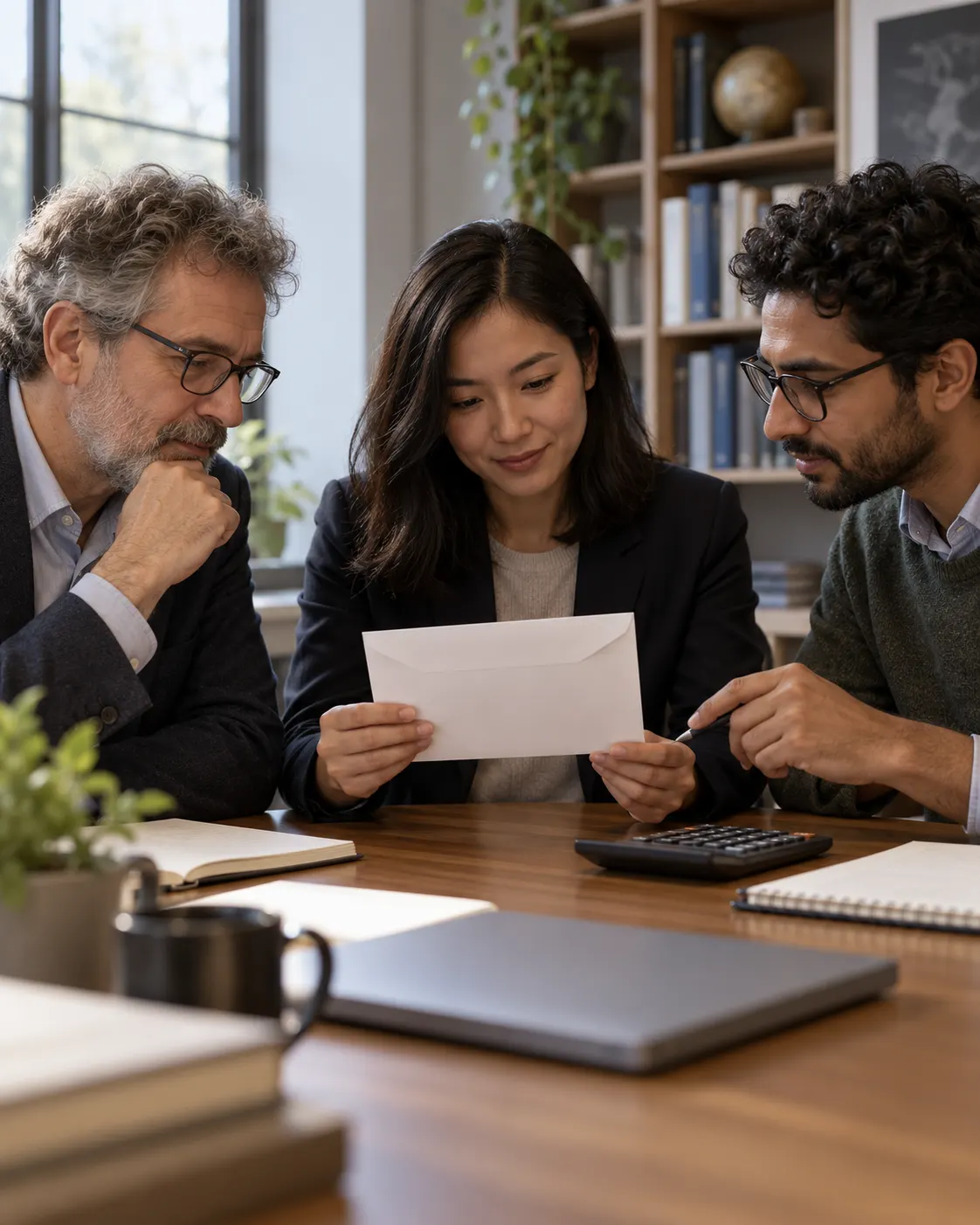 AI-generated fictional scene of three researchers reviewing one plain envelope, symbolizing multiple laureates sharing a prize amount; not real laureates or a documented payment. Prompt: “Photorealistic vertical 4:5 editorial illustration of three fictional researchers sharing one award grant: three anonymous people seated around a table reviewing one plain blank envelope and a calculator, respectful professional setting. Do not show actual Nobel laureates or real money. No medals, logos, readable text, currency symbols or identifying details.” Generated 20 October 2026.