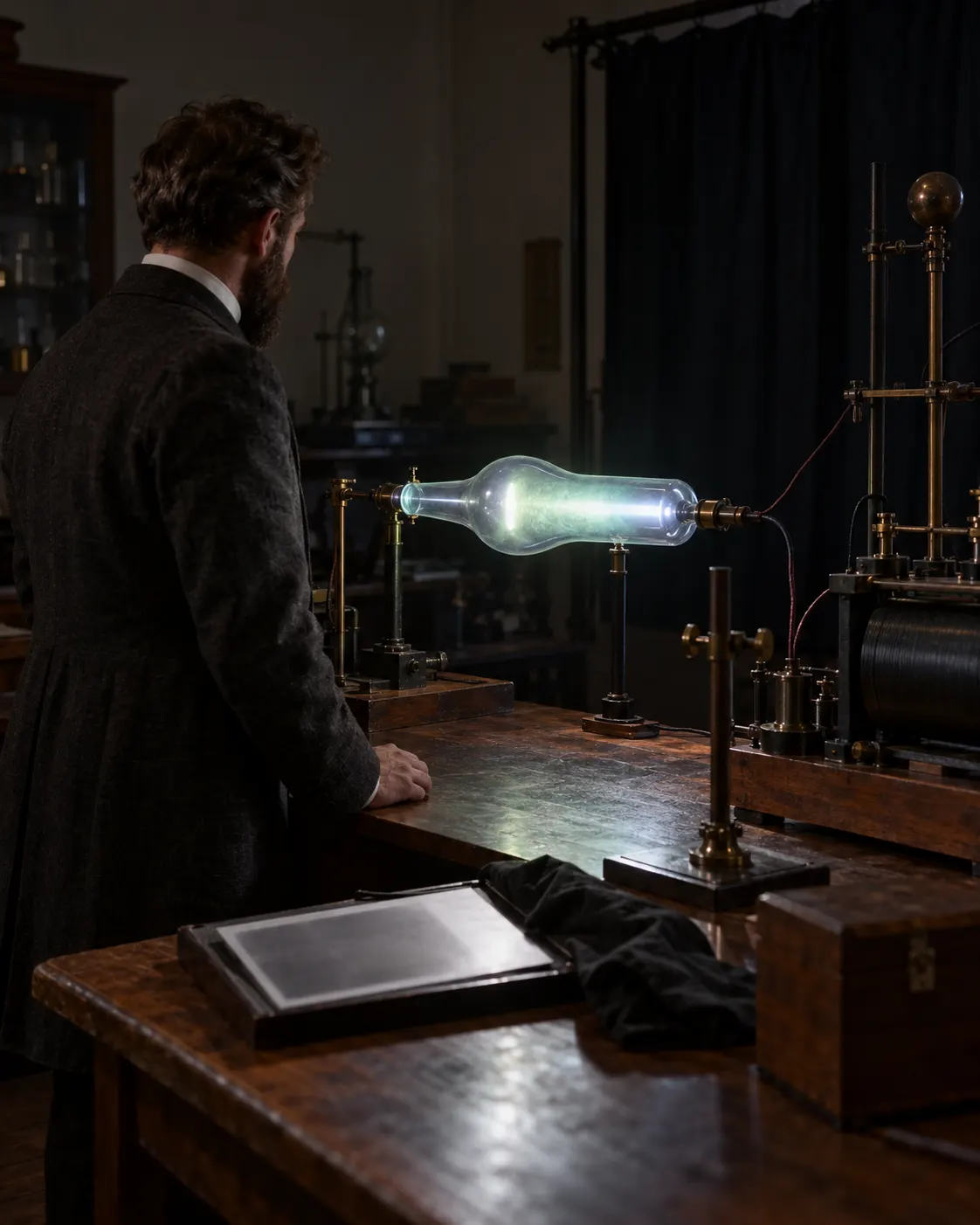 AI-generated editorial reconstruction (created 2026-10-19) of an anonymous scientist in an early X-ray laboratory; not a photograph of Röntgen. Exact prompt: “Photorealistic editorial reconstruction of an 1895 physics laboratory where an early X-ray experiment is underway: anonymous scientist in period clothing near a glass discharge tube, a photographic plate nearby, dim room with a faint fluorescent glow, vertical 4:5. Illustrative reconstruction, not a photograph of Wilhelm Röntgen, no readable labels or text.”