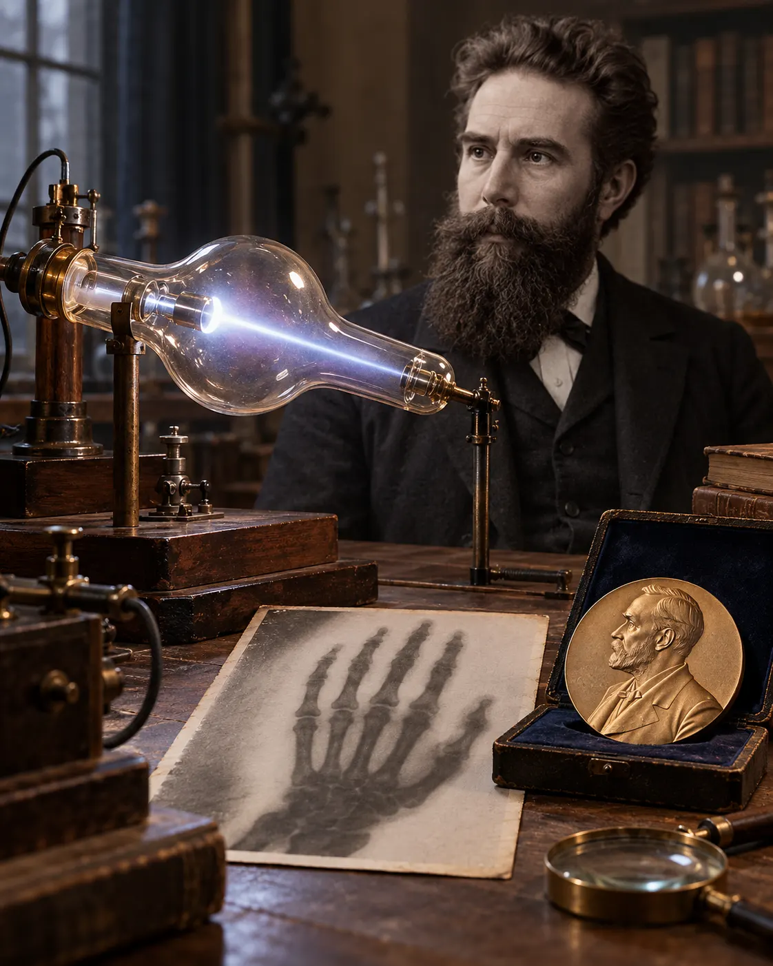AI-generated cover image (created 2026-10-19), combining generic X-ray apparatus, a hand radiograph and a Nobel medal. It is illustrative and does not depict objects known to belong to Röntgen. Exact prompt: “Photorealistic editorial cover for Wilhelm Conrad Röntgen and the first Nobel Prize in Physics: a 19th-century glass X-ray tube glowing softly beside an antique hand radiograph and a bronze Nobel medal on a laboratory table, vertical 4:5. Historically evocative generic objects, no readable text, no logos, no misleading claim the objects belonged to Röntgen.”