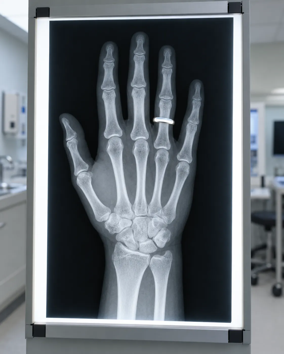 AI-generated editorial illustration (created 2026-10-19) of a generic modern radiograph of a hand with a ring, not the historical 1895 plate. Exact prompt: “Photorealistic editorial scientific image of a modern medical X-ray radiograph of a human hand with a simple ring visible, on a lightbox in a clean clinical room, vertical 4:5. Generic illustrative radiograph, not an actual patient's image and not the 1895 historical plate, no text or labels.”