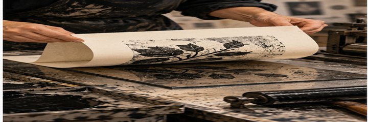 AI conceptual printmaking scene, not an archival photograph.