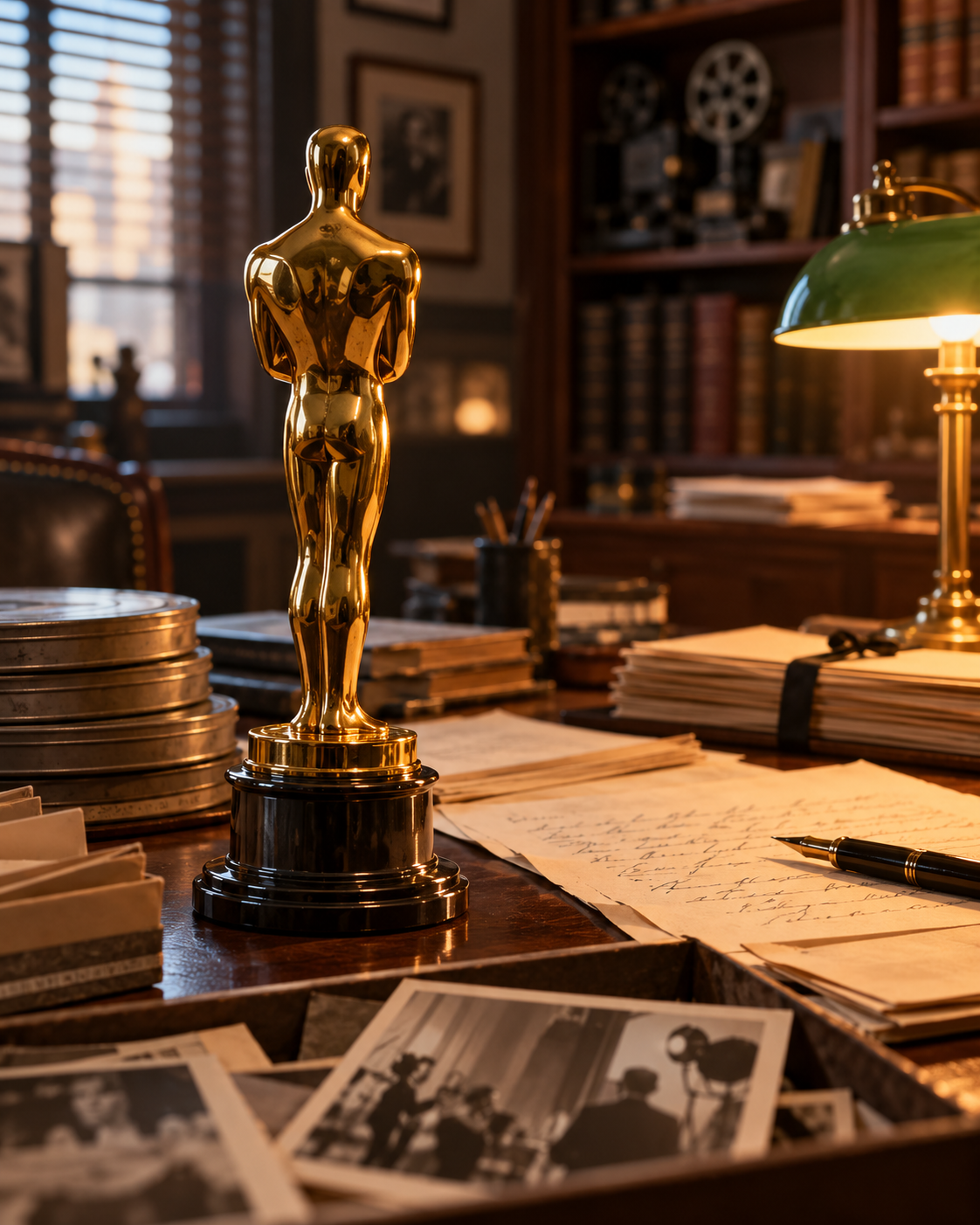 AI-generated symbolic image of an award statuette among archival papers; no real person is depicted and the scene is not a documented historical event.