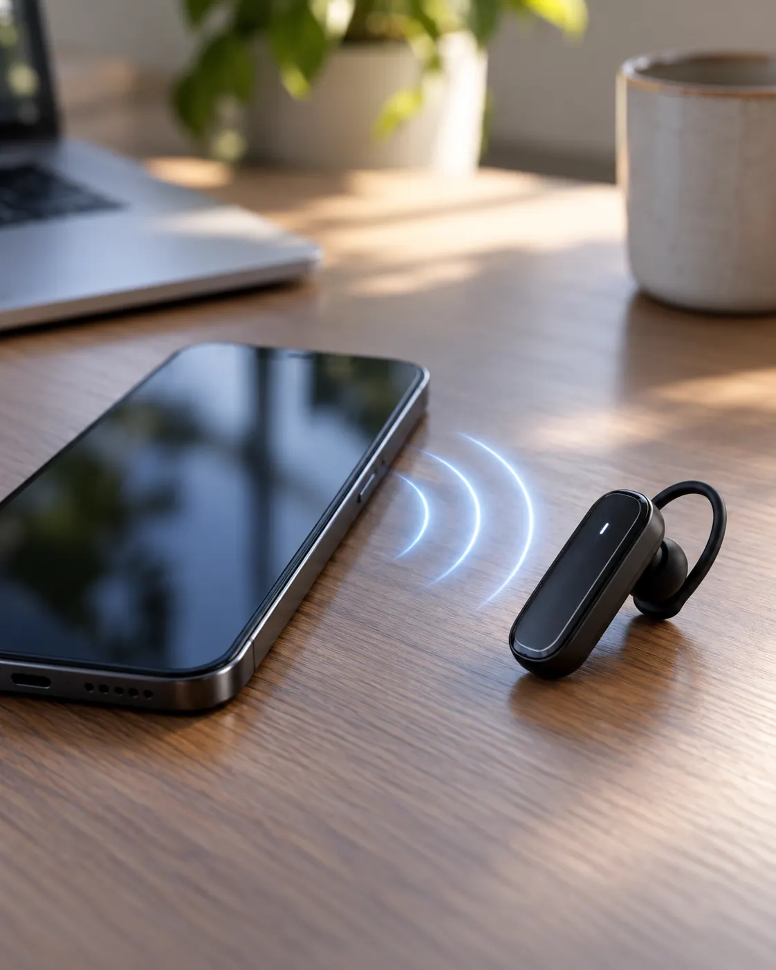AI-generated generic modern smartphone and Bluetooth earpiece, unbranded. Prompt: “Photorealistic editorial close-up of a modern smartphone connected wirelessly to a small generic Bluetooth earpiece, on a desk with faint abstract signal-wave light, vertical 4:5. No logos, brands, readable screen text, or named fictional communicator design.” Generated 2026-10-19.