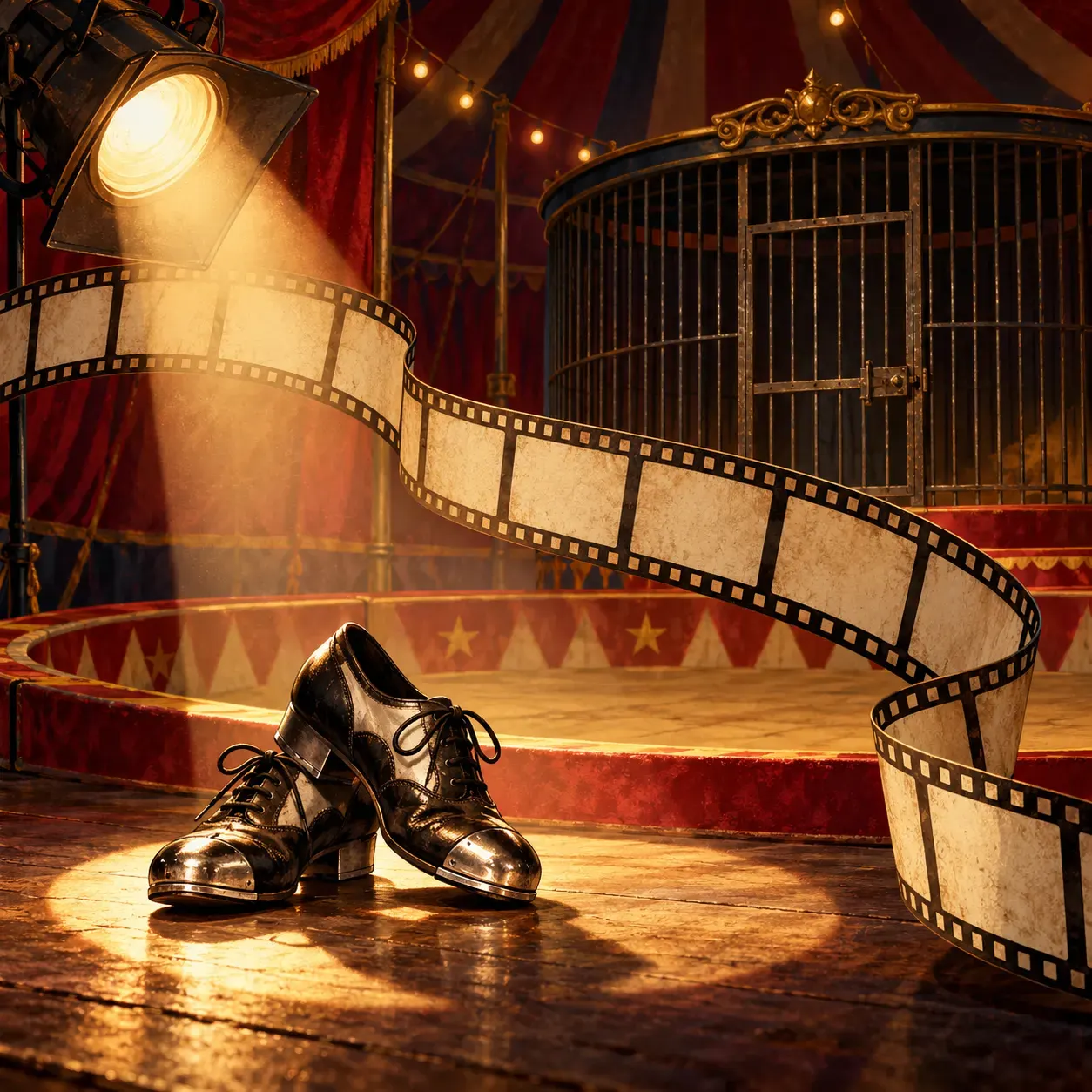 AI-generated symbolic illustration of circus and dance motifs; it does not depict Walken or a historical event and is not documentary evidence. Creator: OpenAI image generation. No external media or reuse license applies.
