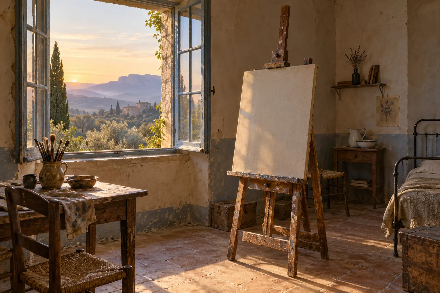 AI-generated imagined artist’s room with an easel by a window overlooking Provençal hills.