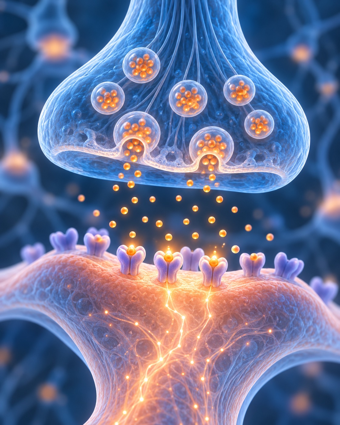 AI-generated conceptual illustration of neurotransmitter vesicles and a receiving cell, not a microscope image or measured anatomical diagram. Prompt: “Educational scientific illustration, vertical 4:5. A clean close-up conceptual cutaway of one chemical synapse: presynaptic nerve ending at top with small clear synaptic vesicles releasing distinct tiny neurotransmitter dots into a narrow gap, postsynaptic membrane below with matching receptor shapes and a subtle signal glow continuing into receiving neuron. Scientifically plausible simplified anatomy, soft blue and warm coral palette, crisp museum textbook style, strong visual hierarchy and generous spacing. No labels, letters, numbers, text, or symbols. Conceptual illustration, not a real micrograph or measured diagram.” Generated 2026-10-29; no external source or documentary role.
