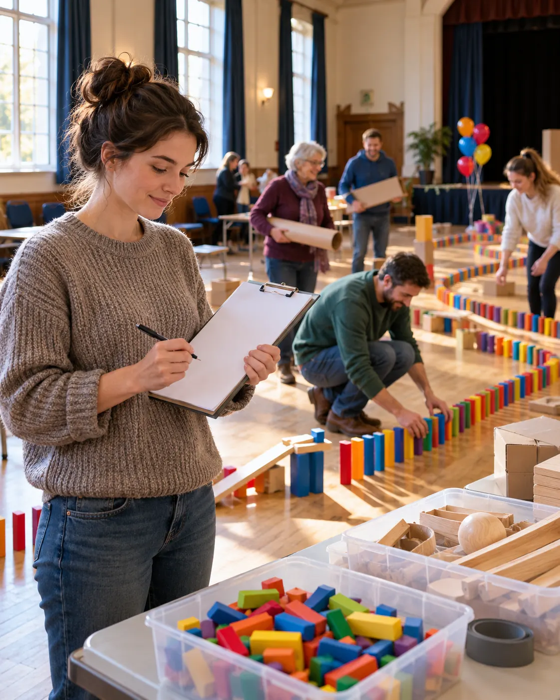 AI-generated fictional community group preparing a playful record attempt; not an image of Guinness World Records Day or an affiliated event. Prompt: “Photorealistic vertical 4:5 editorial scene of a small community group preparing a playful November record attempt in a public hall, with a volunteer checking a blank clipboard and people arranging simple props. Fictional event, not a Guinness World Records Day photograph and no branded affiliation. No logos, medals, readable text or flags.” Generated 20 October 2026.