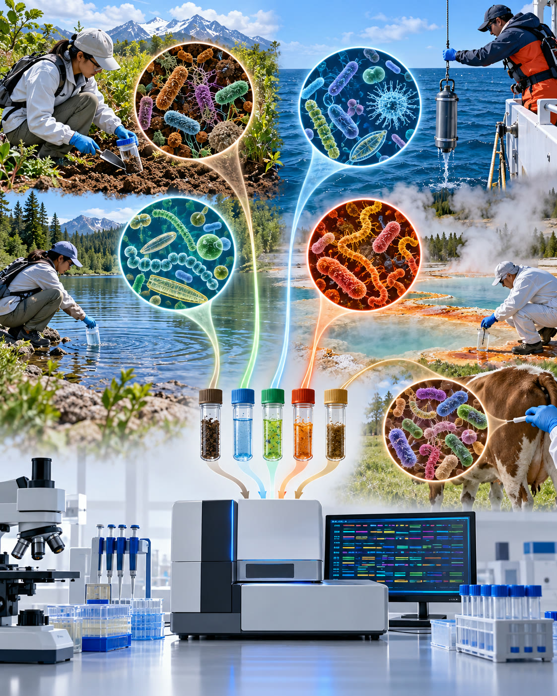 AI-generated conceptual illustration of sampling microbial life across different habitats; no counts or research results shown. Generated 2026-10-29. Prompt: “Vertical 4:5 editorial science illustration showing scientists sampling microbial diversity across Earth habitats: soil, ocean, freshwater, hot spring, and animal-associated environments connected to a laboratory sequencing setup, with stylized bacteria emerging from samples. Accurate but conceptual, no people faces, no text, numbers, percentages, charts, or logos.”