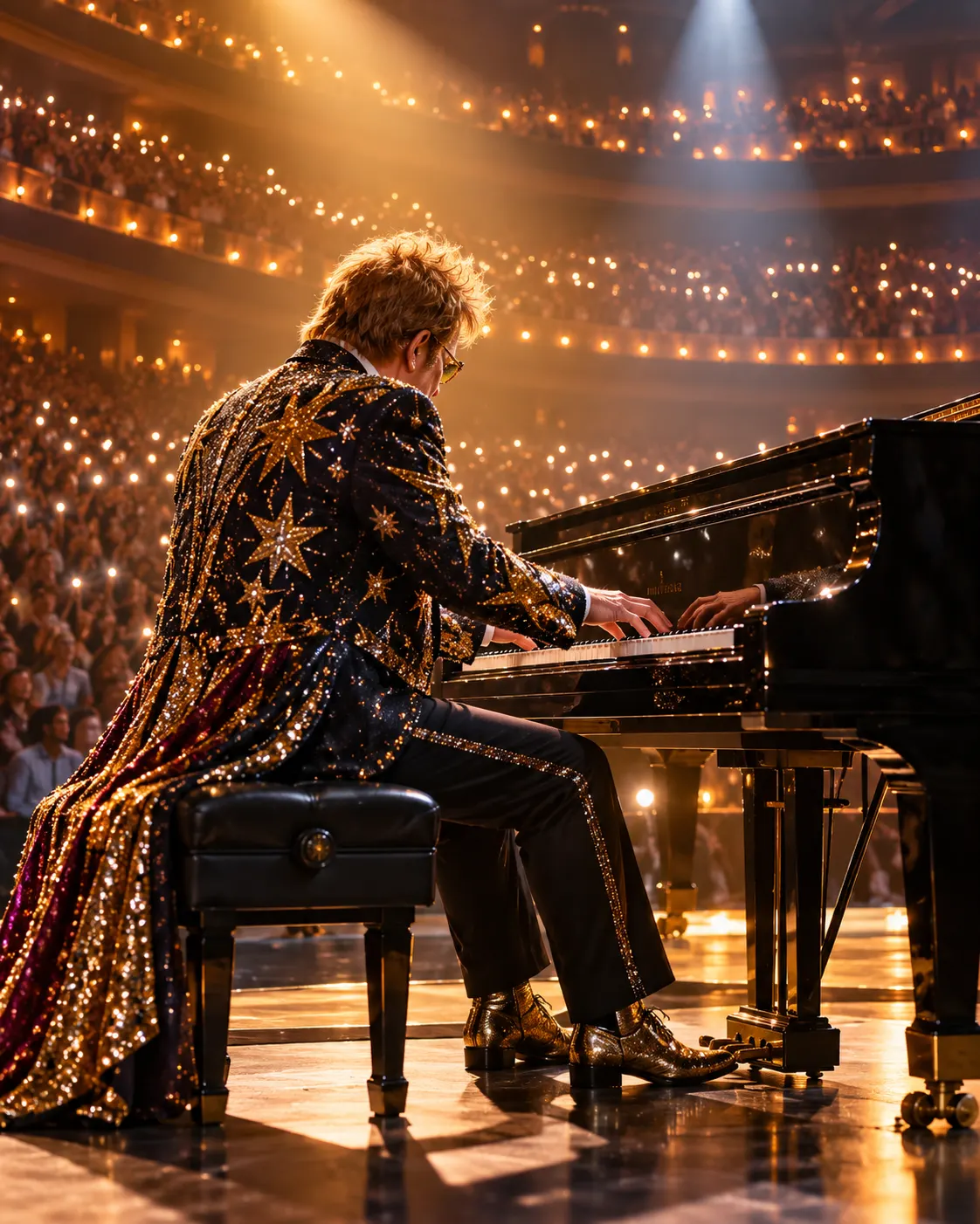 AI-generated symbolic cover of an anonymous pianist performing on a large concert stage; not Elton John or a real performance.