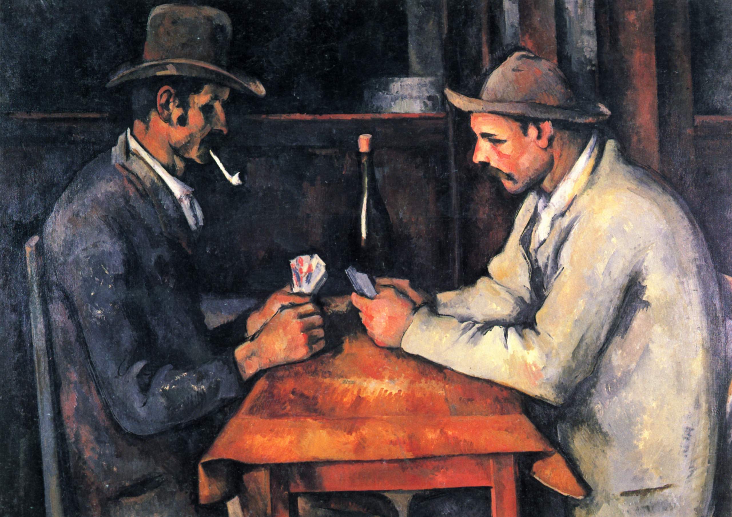 Paul Cézanne, *The Card Players* (Al-Thani collection version), faithful public-domain reproduction. Source: https://commons.wikimedia.org/wiki/File:Les_Joueurs_de_cartes,_par_Paul_Cézanne,_collection_Al-Thani,_Yorck.jpg. Reused from fact 2416.
