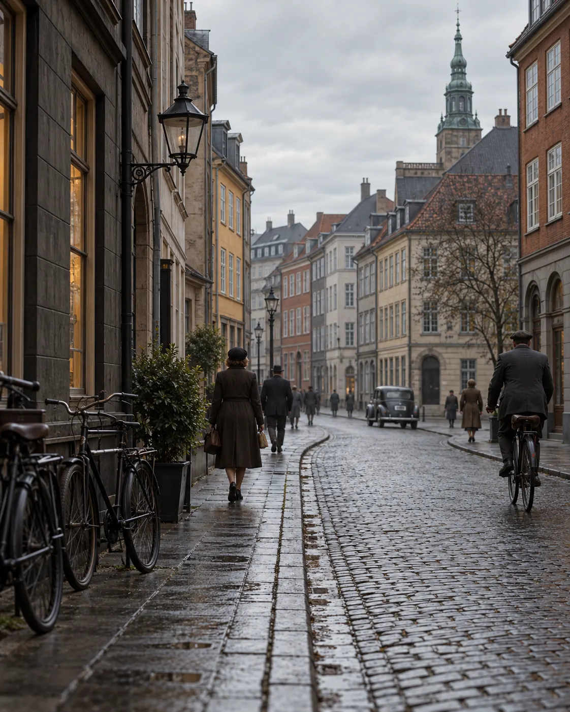 AI-generated editorial reconstruction (created 2026-10-19) of an unspecified quiet Copenhagen street in 1940; not a documentary photograph of a particular location. Exact prompt: “Photorealistic editorial reconstruction of a quiet Copenhagen street during the German occupation in 1940, bicycles and historic European architecture under overcast light, no soldiers or flags, vertical 4:5. Generic atmospheric illustration, not a documentary photograph of a specific location, no signs or readable text.”