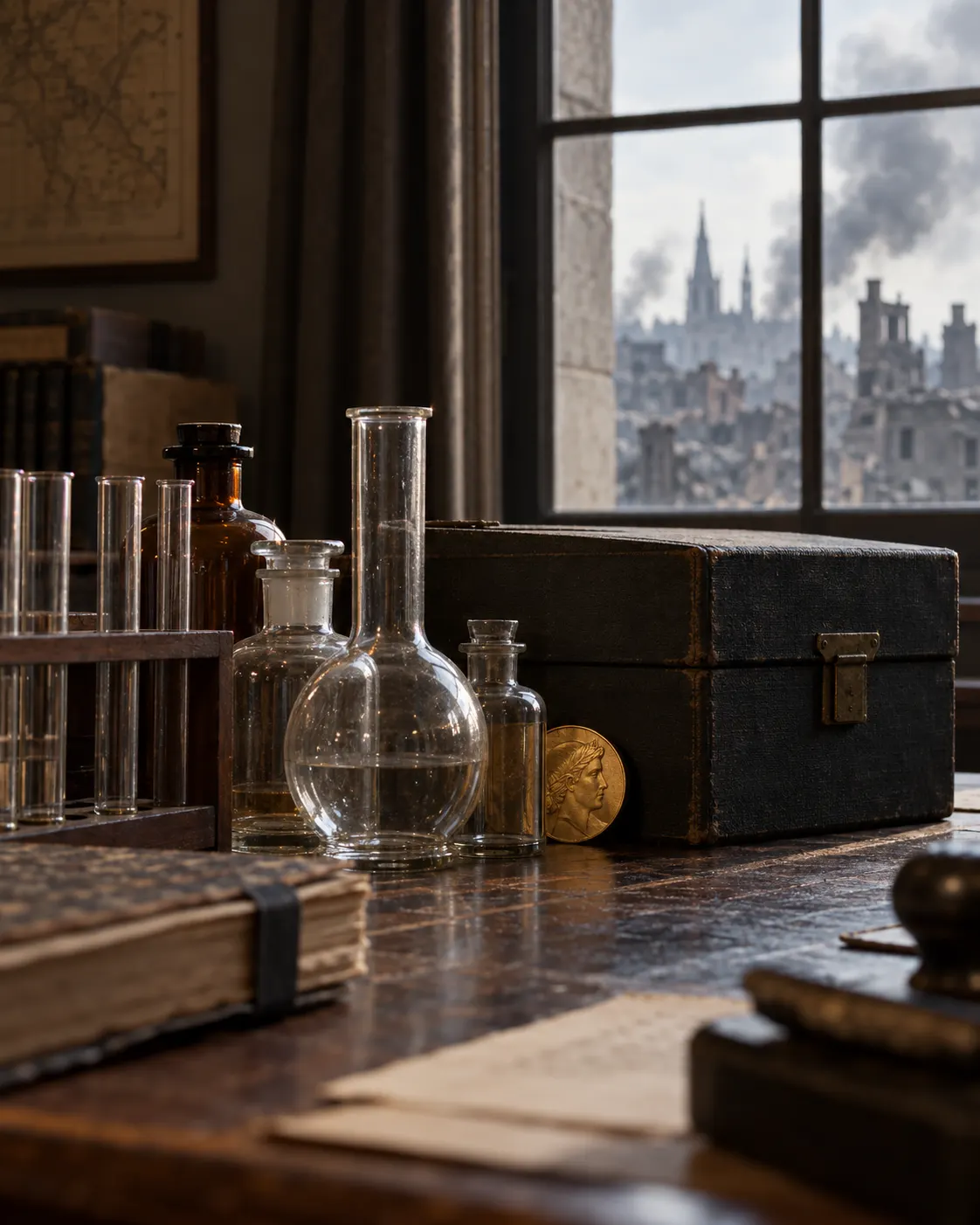 AI-generated symbolic still life (created 2026-10-19) of a generic medal kept near glassware and an archival box; no specific Nobel medal is depicted. Exact prompt: “Photorealistic editorial still life about preserving cultural treasures during wartime: a generic small gold medal tucked behind a row of laboratory glassware and a closed archival box in a 1940s European university office, soft window light, vertical 4:5. Symbolic, no actual Nobel medal design, no people, no chemistry procedure, no readable text or logos.”