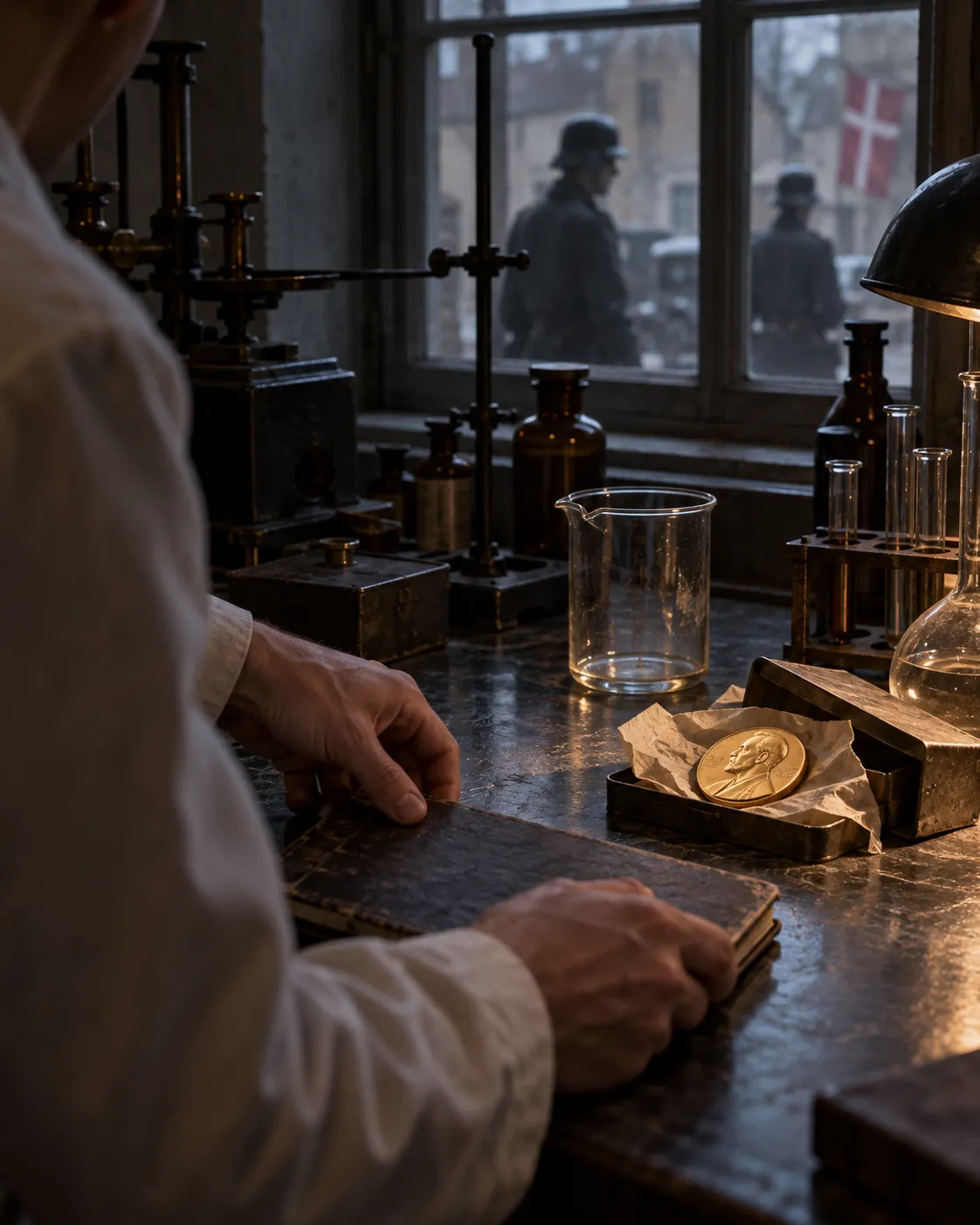 AI-generated cover image depicting a generic gold medal discreetly kept in a 1940s laboratory. It is not one of the actual medals in the account. Exact prompt: “Photorealistic editorial cover about Nobel gold medals hidden from Nazi forces during the occupation of Denmark: a small generic gold medal beside an unlabeled glass beaker in a shadowed 1940s Copenhagen laboratory, a scientist's hands seen from behind setting a notebook nearby, vertical 4:5. Symbolic reconstruction, not the actual historical medals or a photograph of George de Hevesy; no readable text, logos, or procedural chemistry details.”