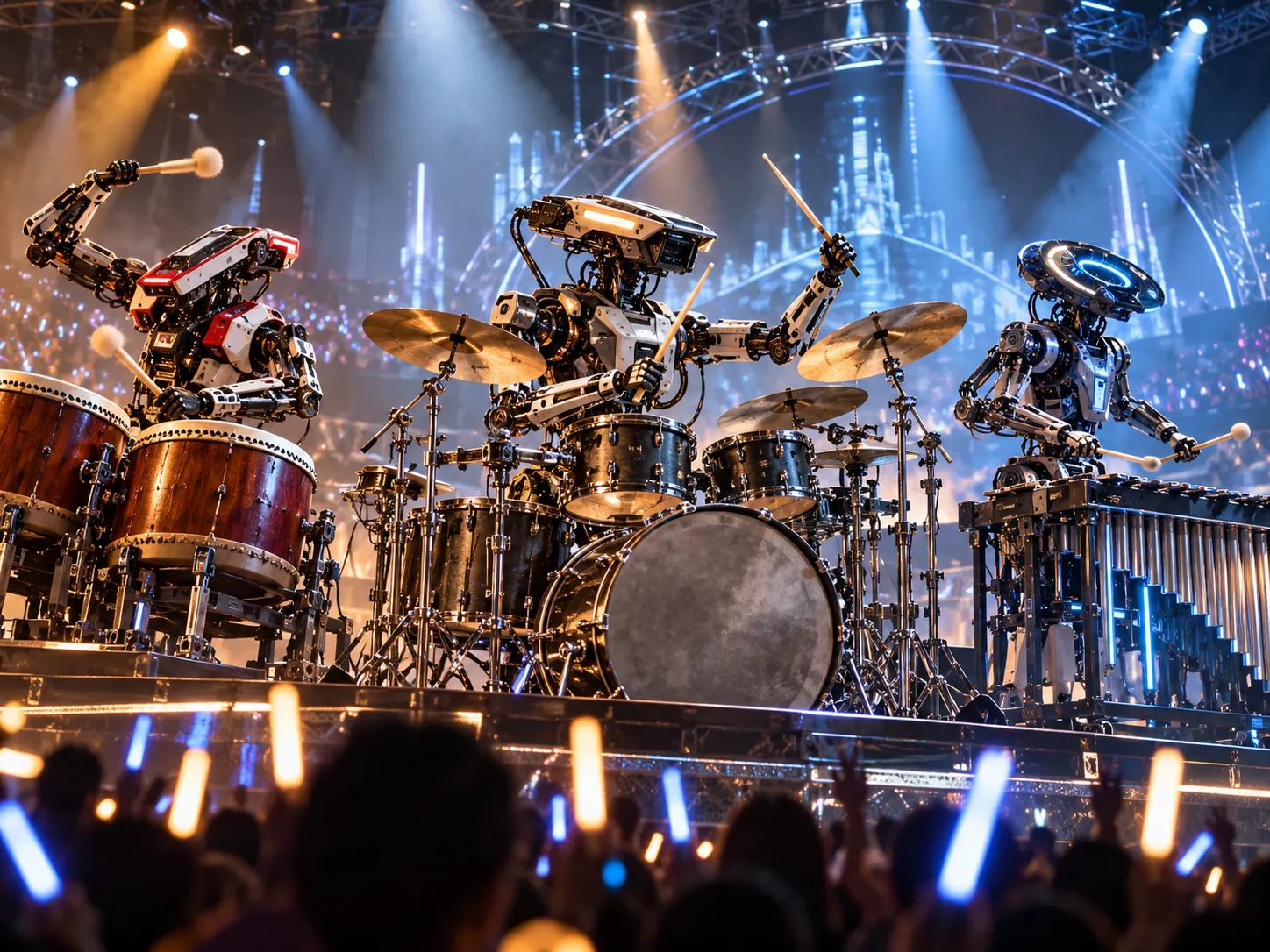 AI-generated editorial illustration of three percussion-playing robots performing on a concert stage.