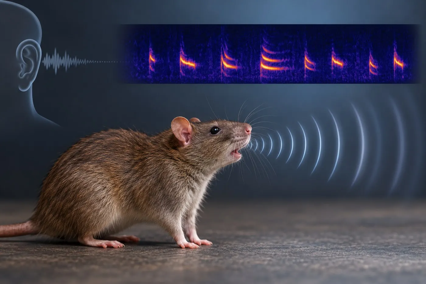 AI-generated concept showing a rat vocalizing alongside an abstract spectrogram band and a human ear silhouette.