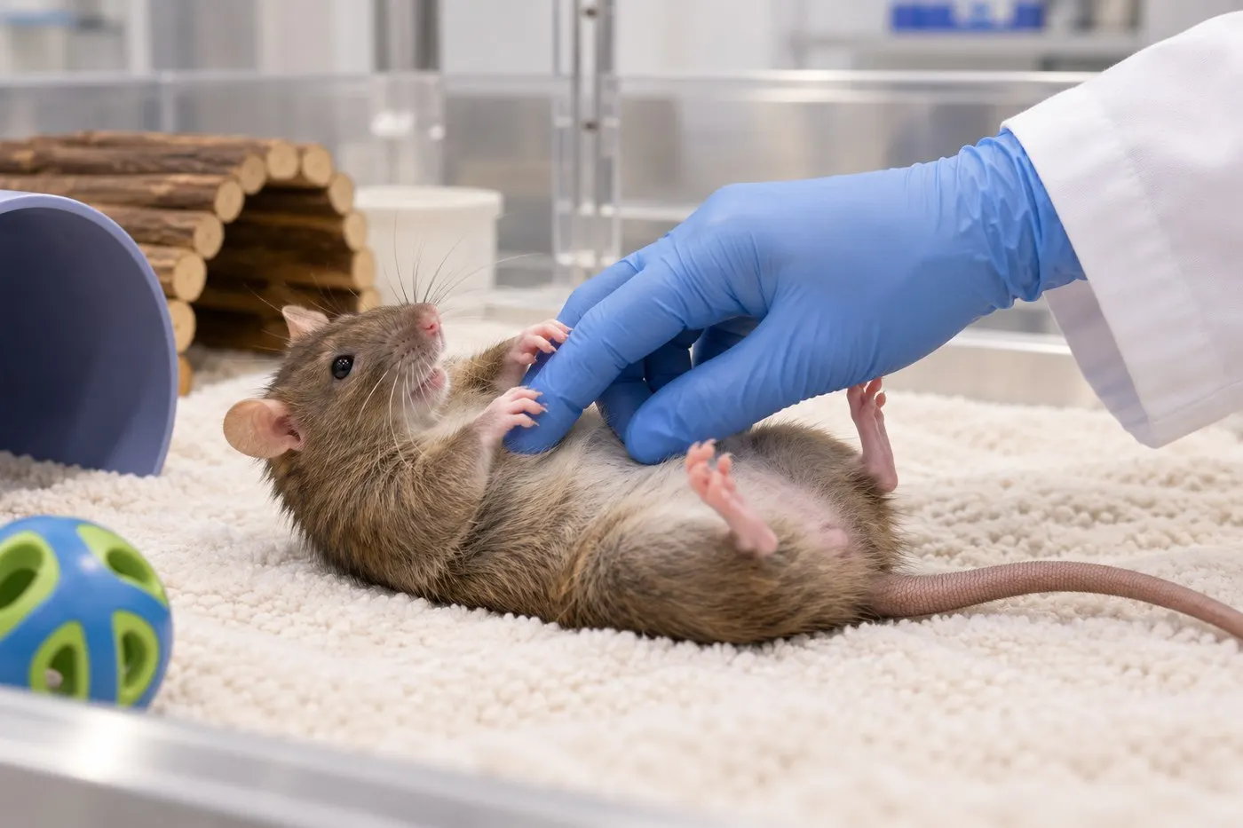 AI-generated humane illustration of a young rat gently playing with a researcher's hand in a study setting.