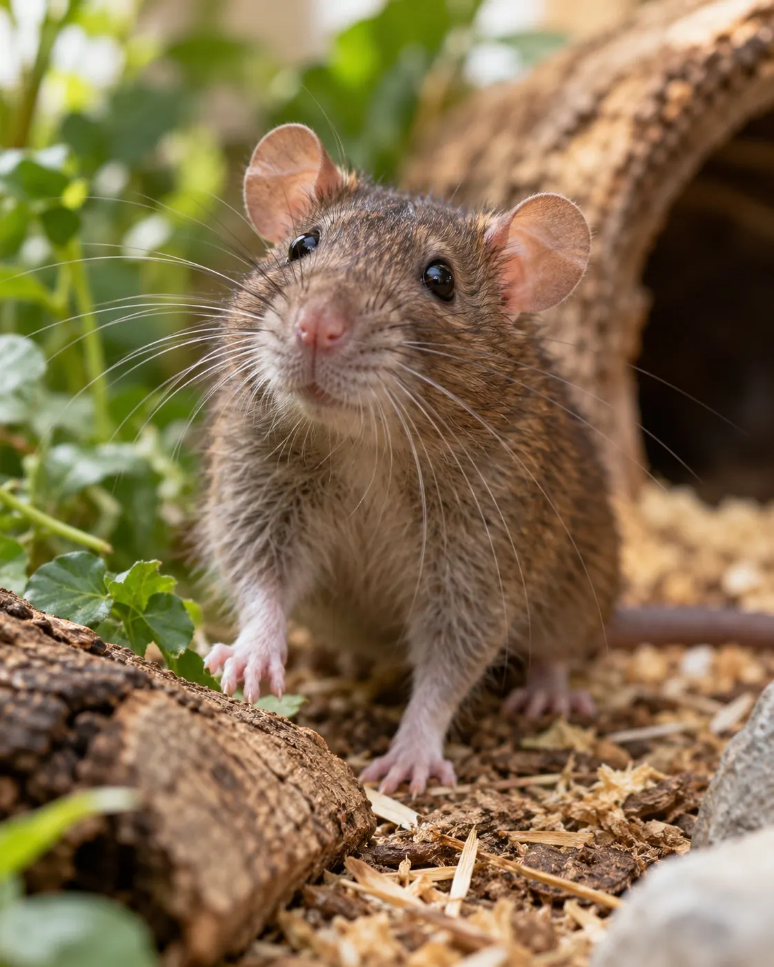 Титульна AI-згенерована ілюстрація / AI-generated cover illustration. Curious brown rat in a natural-looking enclosure.