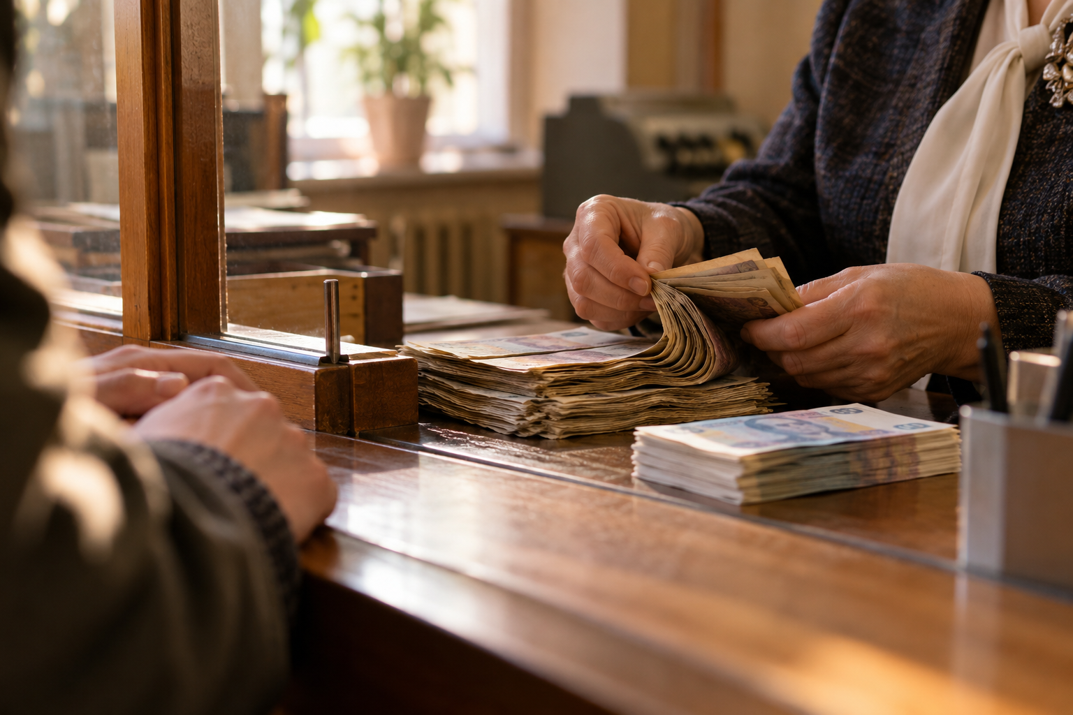 Титульна AI-згенерована ілюстрація / AI-generated cover illustration. Symbolic reconstruction of a Ukrainian bank counter during the 1996 currency exchange.
