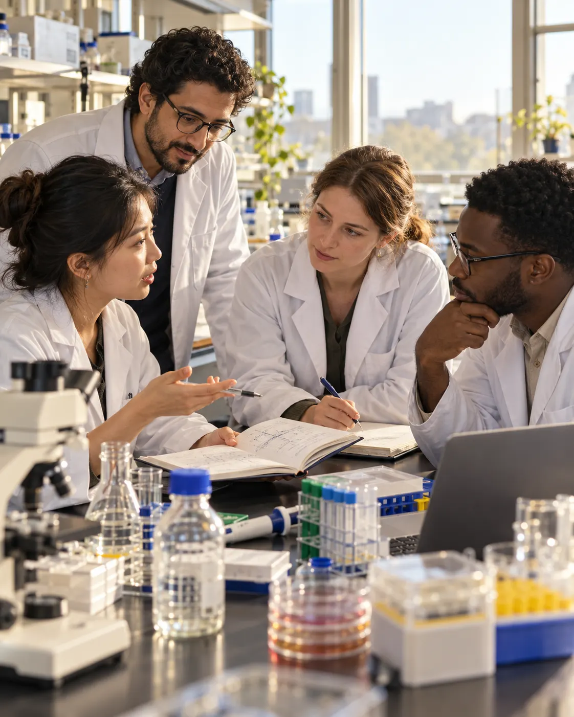 AI-generated illustration of fictional researchers from different backgrounds collaborating in a lab, symbolizing the international scientific community. Generated 19 October 2026. Prompt: “Photorealistic editorial image, vertical 4:5: a diverse small group of researchers from several countries collaborating around a laboratory table, sharing notebooks and discussing an experiment, warm natural light, respectful candid moment. Generic fictional scientists, illustrating international scientific community. No flags, no readable text, no logos, no award symbols.”