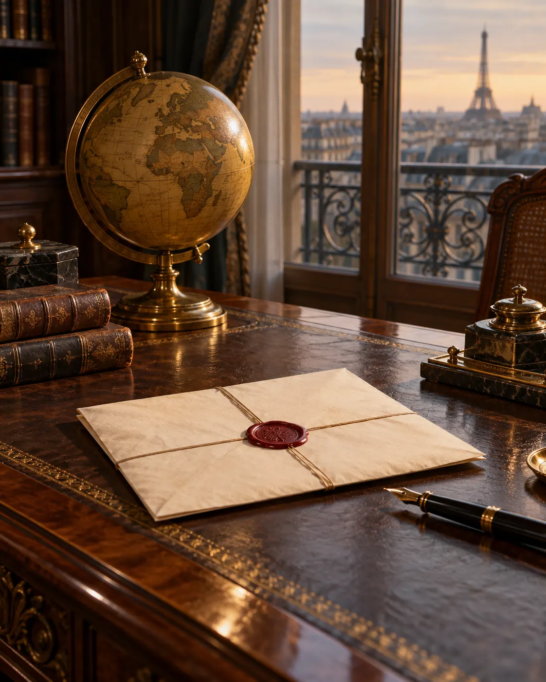 AI-generated cover: sealed 19th-century document and globe on a historic Paris writing desk. Generated 19 October 2026. Prompt: “Photorealistic vertical 4:5 editorial cover about Alfred Nobel's will instructing that candidates be judged without regard to nationality. Show only a historic Paris writing desk with a sealed 19th-century document, fountain pen, and a brass globe; no person, no bust, no statue, no portrait, no legible text, no flags, no logos, no medals.”