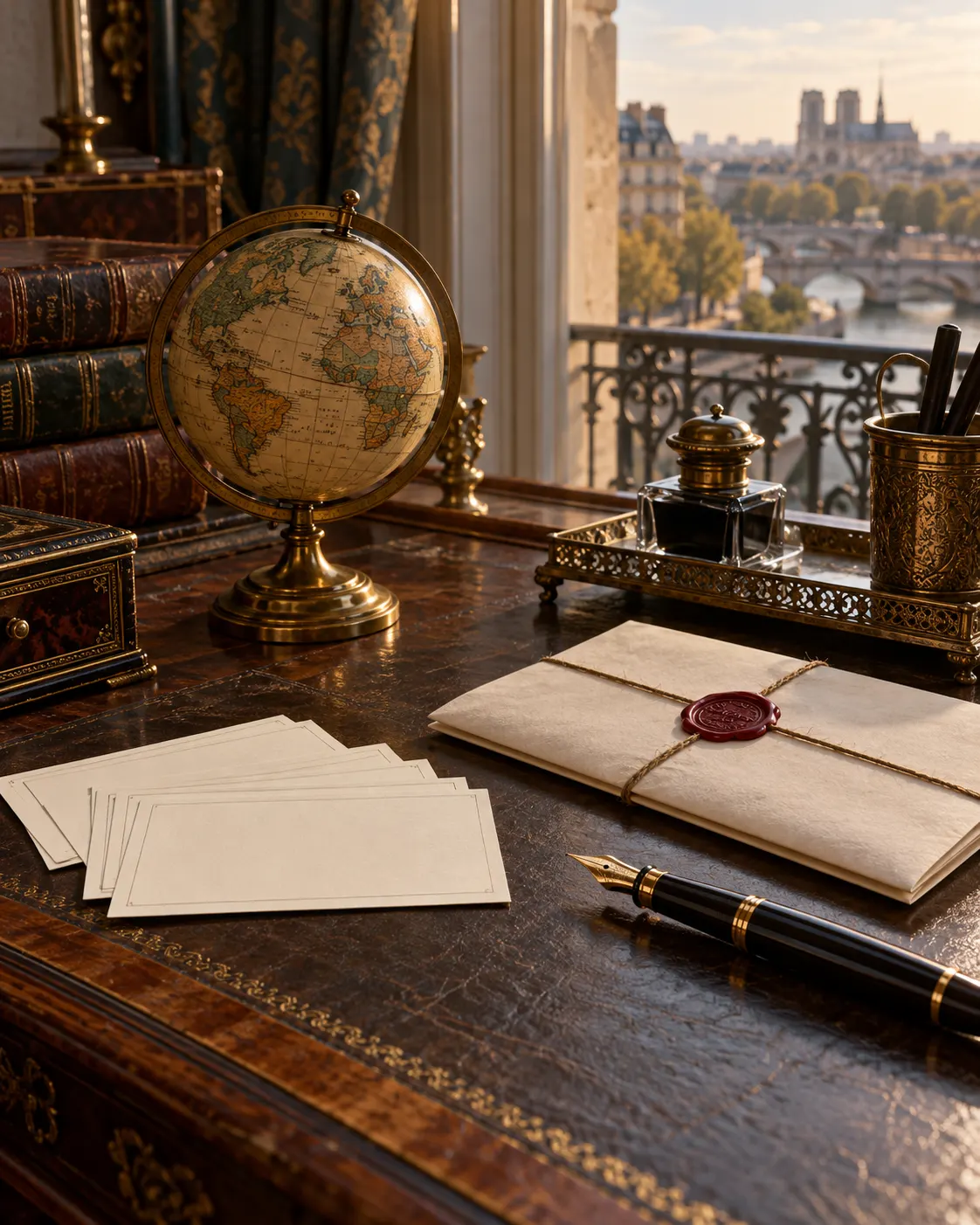 AI-generated conceptual still life of blank cards, a sealed document, pen and globe in a historic Paris study; no historical text or people are shown. Generated 19 October 2026. Prompt: “Photorealistic editorial still life, vertical 4:5: a small brass globe beside several blank index cards, a sealed archival document and fountain pen on a 19th-century Paris writing desk. No people, no hands, no busts, no statues, no portraits, no legible writing, no flags, logos or medals.”