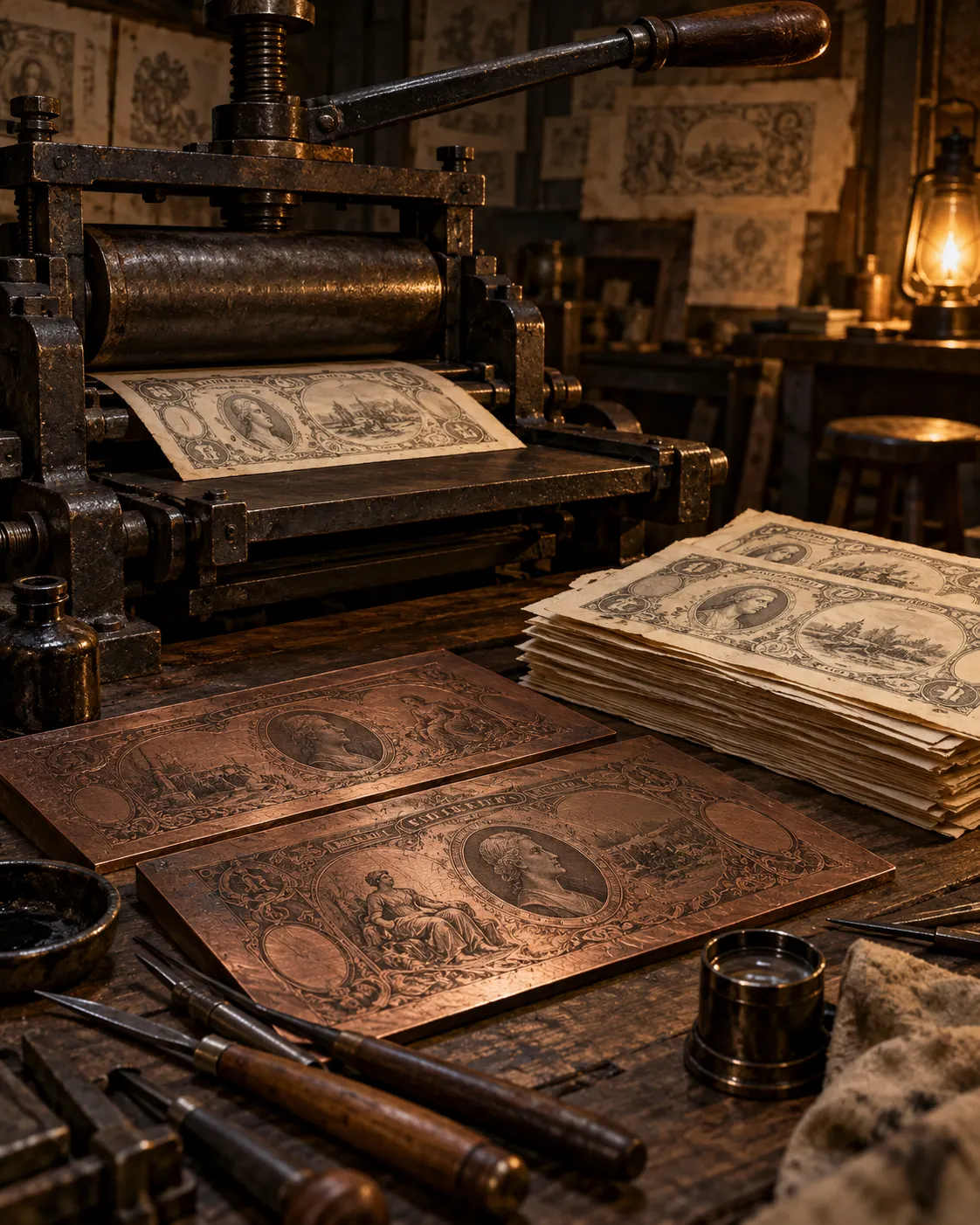 AI-generated symbolic reconstruction of an old engraving press, plates and generic paper notes. It is not a historical photograph or evidence of the cited counterfeiting estimate. Generated with OpenAI image generation; no external source or reuse license applies.