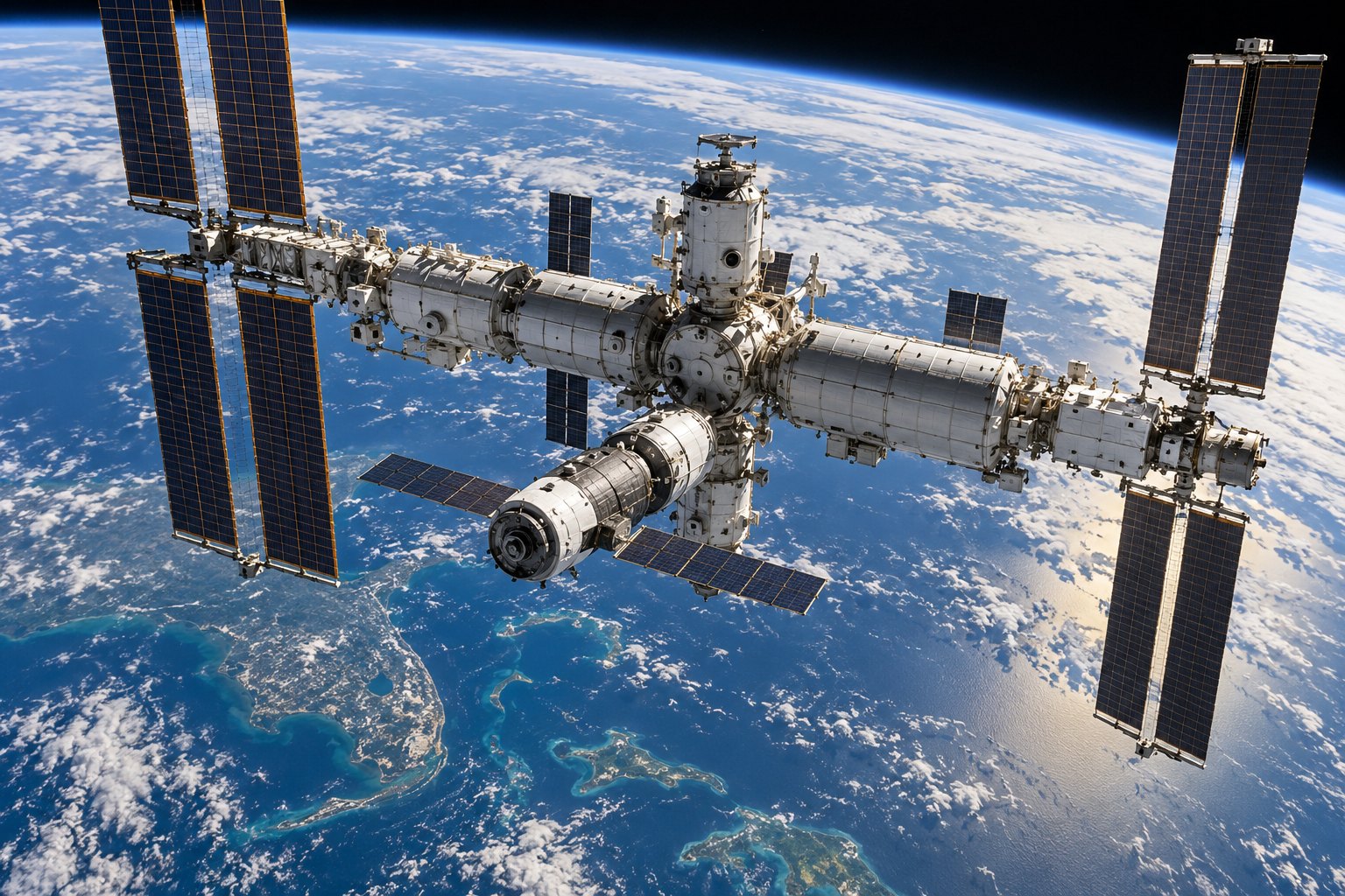 orbital station silhouette above Earth, symbolic.