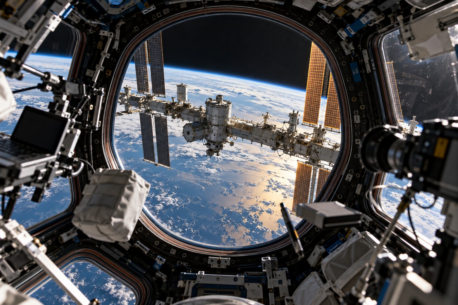 research station orbiting Earth, illustrative, not a specific configuration.