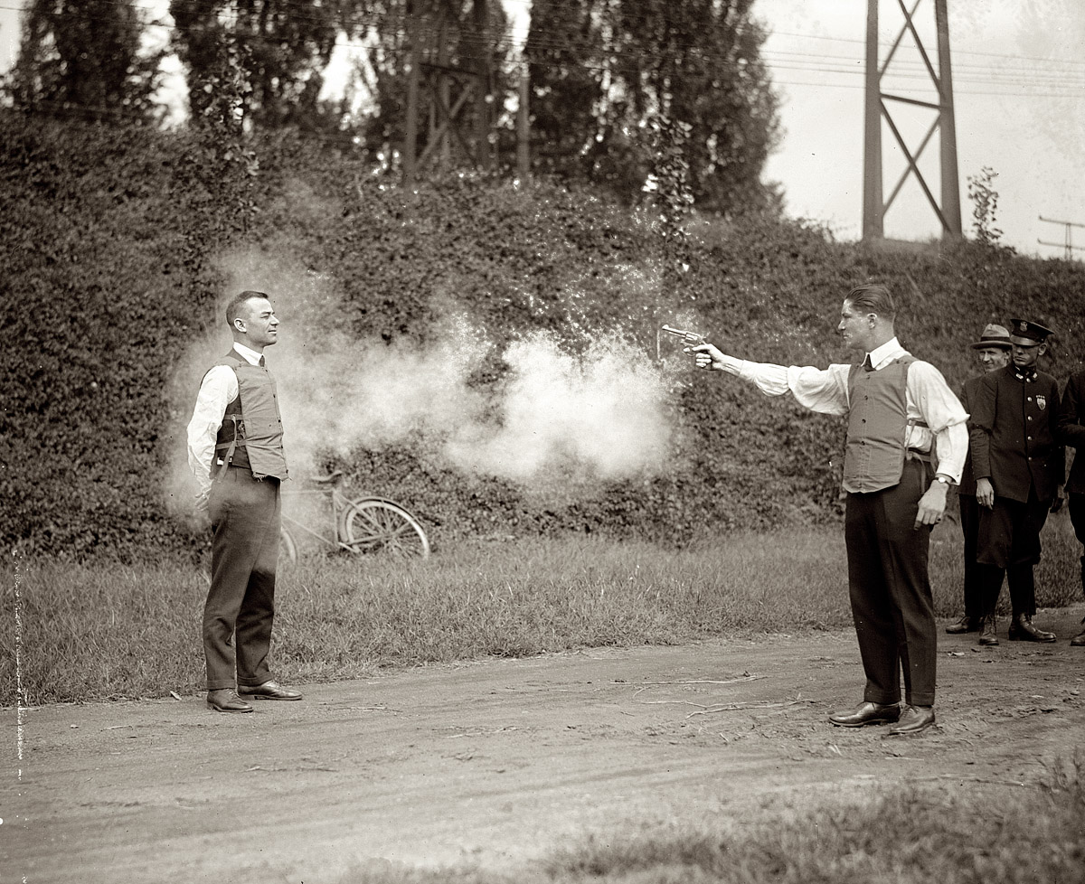 National Photo Company, body-armor test, 13 Sept. 1923, Library of Congress, public domain. Contextual history of protective clothing; not the Miguel Caballero product. https://commons.wikimedia.org/wiki/File:Testing_bulletproof_vest_1923.jpg