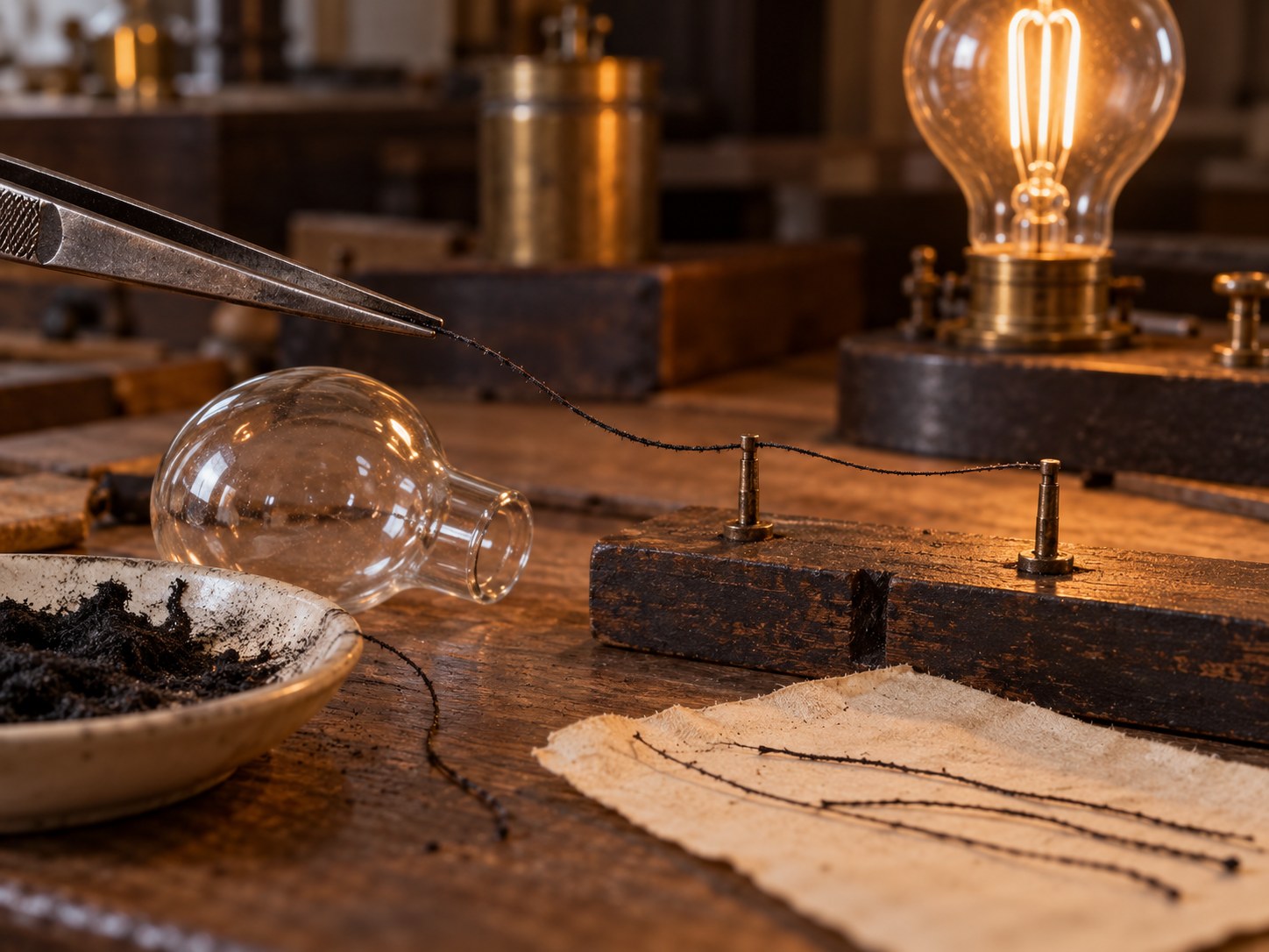 AI-generated interpretive close-up of a fragile carbonized cotton-thread filament during early lamp experiments; not a historical photograph.